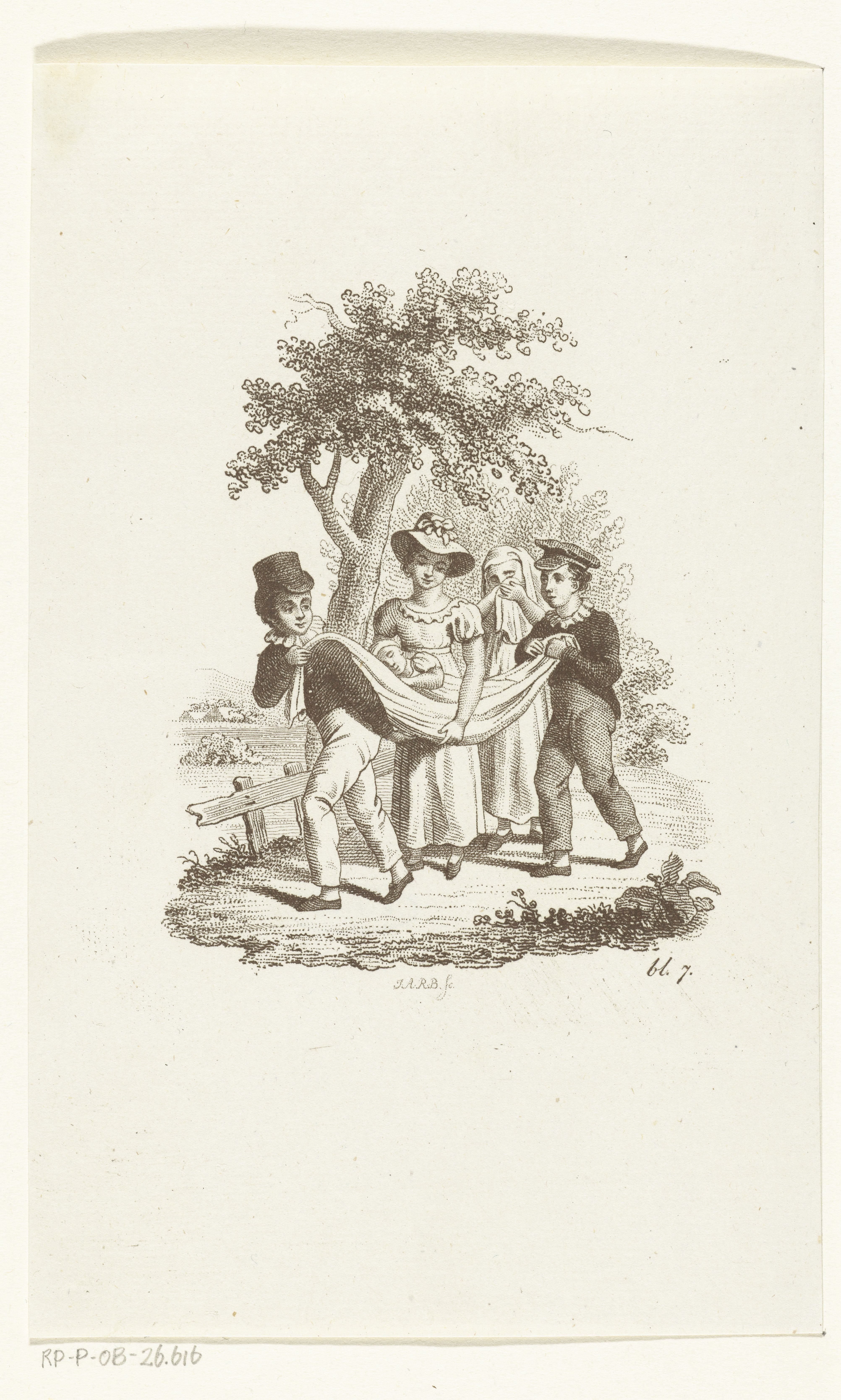 Twee jongens dragen (ziek) kind in doek en vrouw huilt