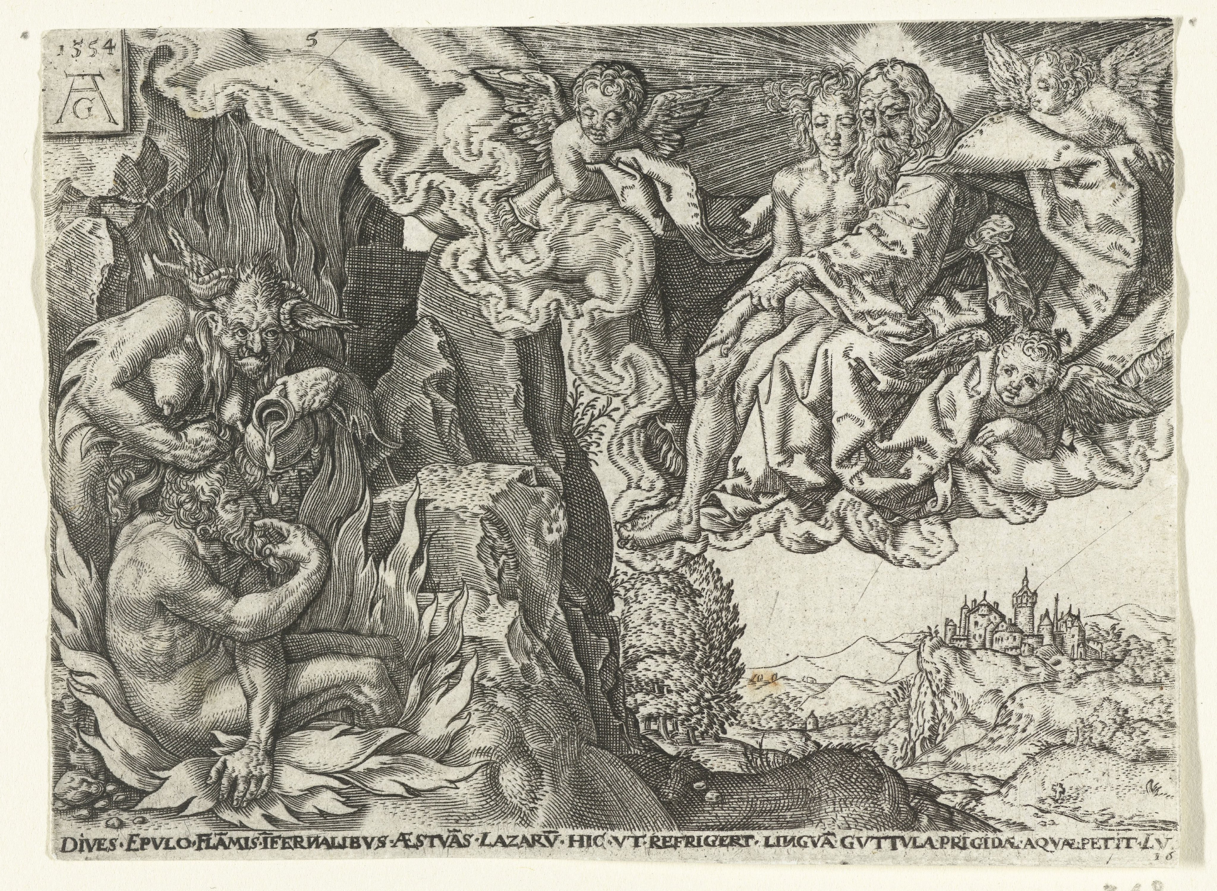 De rijke man in de hel ziet Abraham met Lazarus