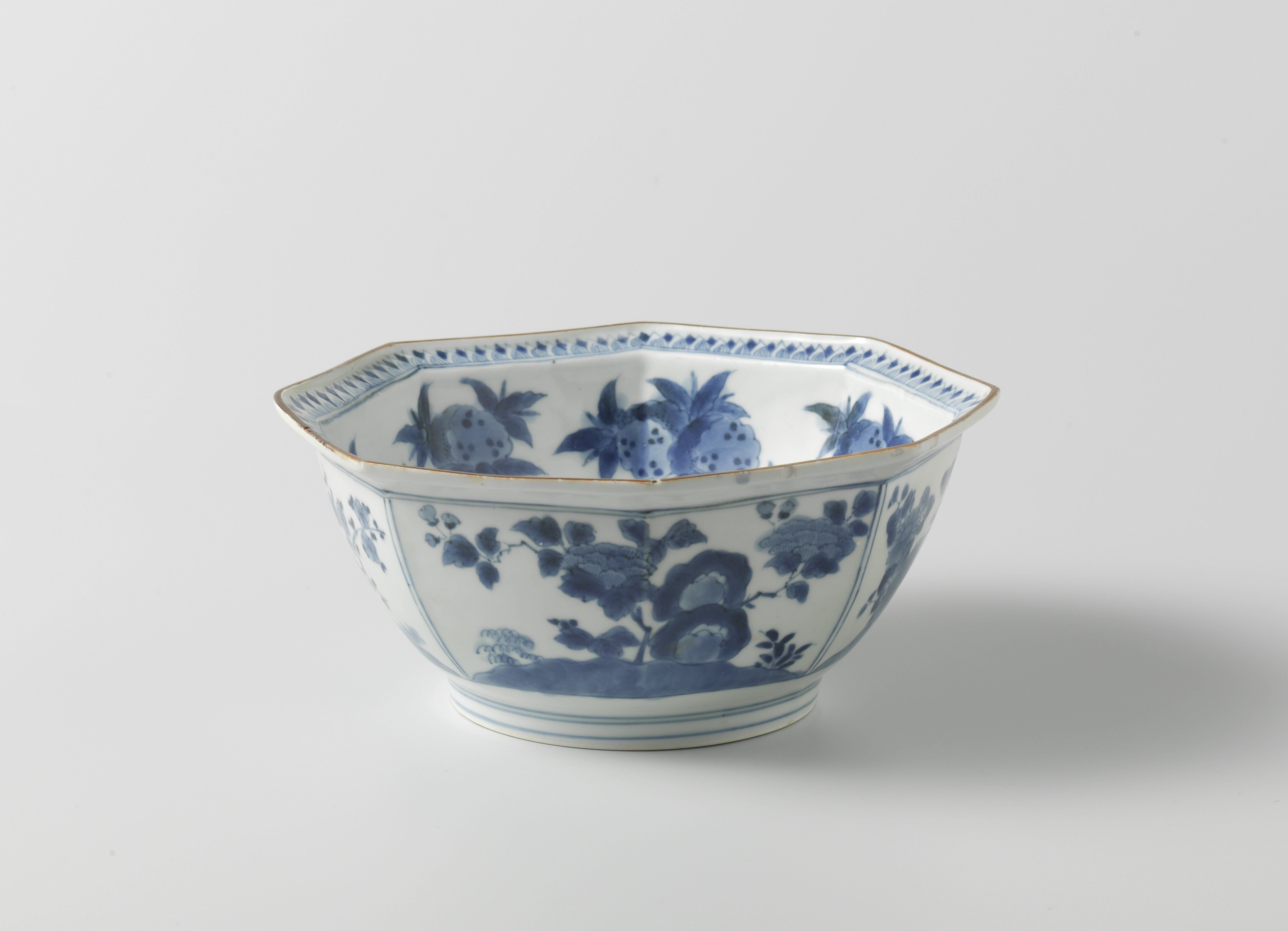 Octagonal bowl with egrets, pomegranate, chrysanthemum, peony and prunus