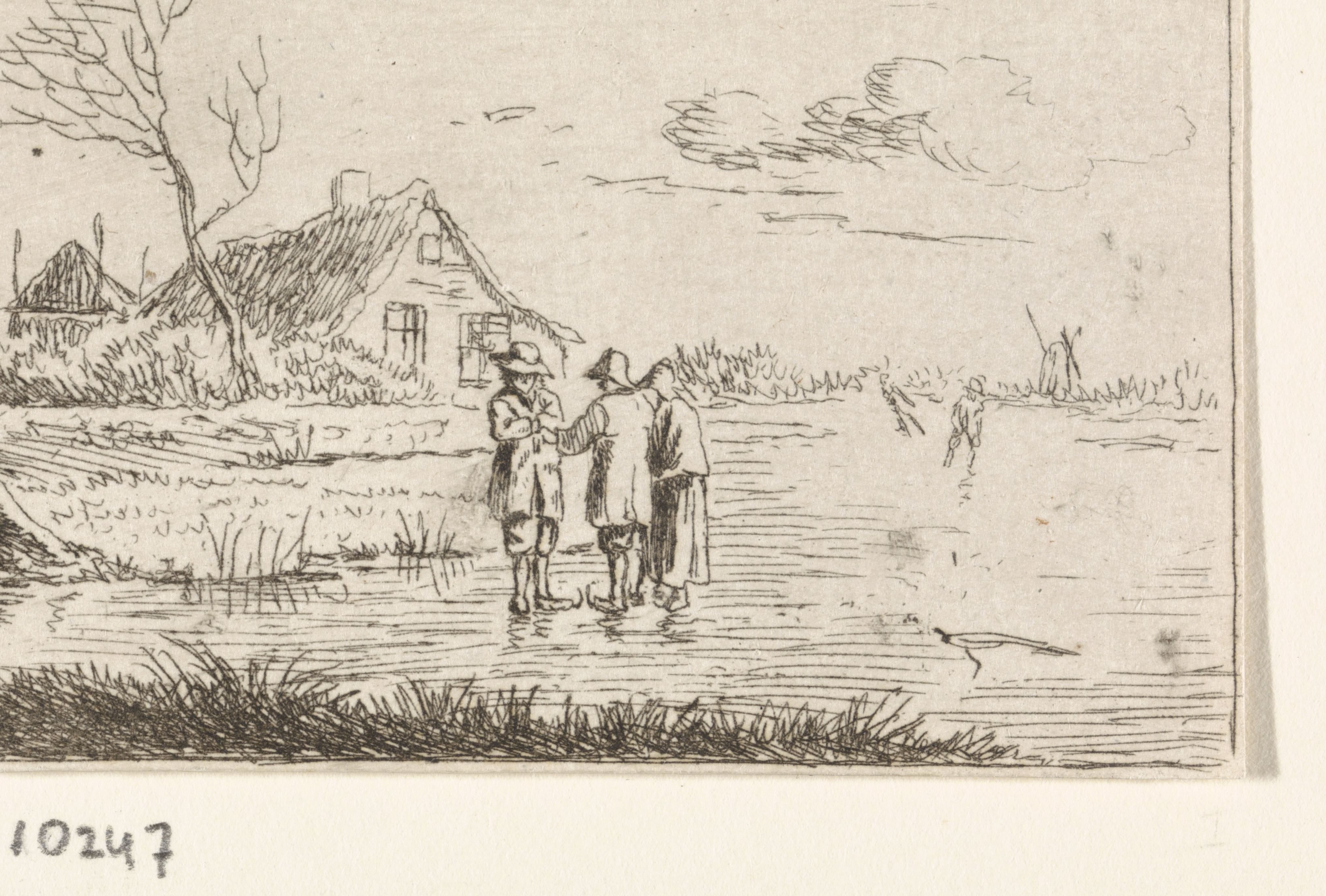 Landschap met schaatsers en boerderij
