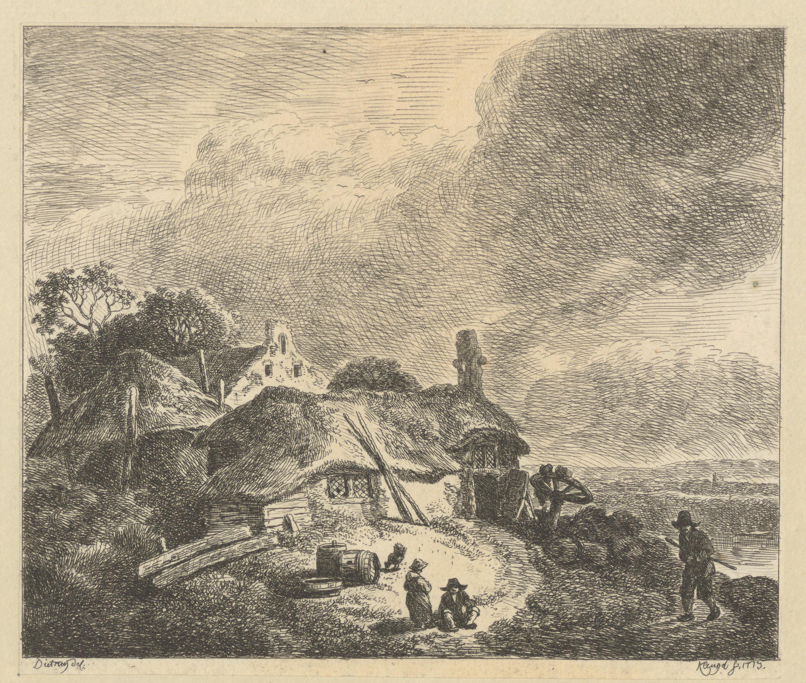 Landschap met figuren bij een hooischuur
