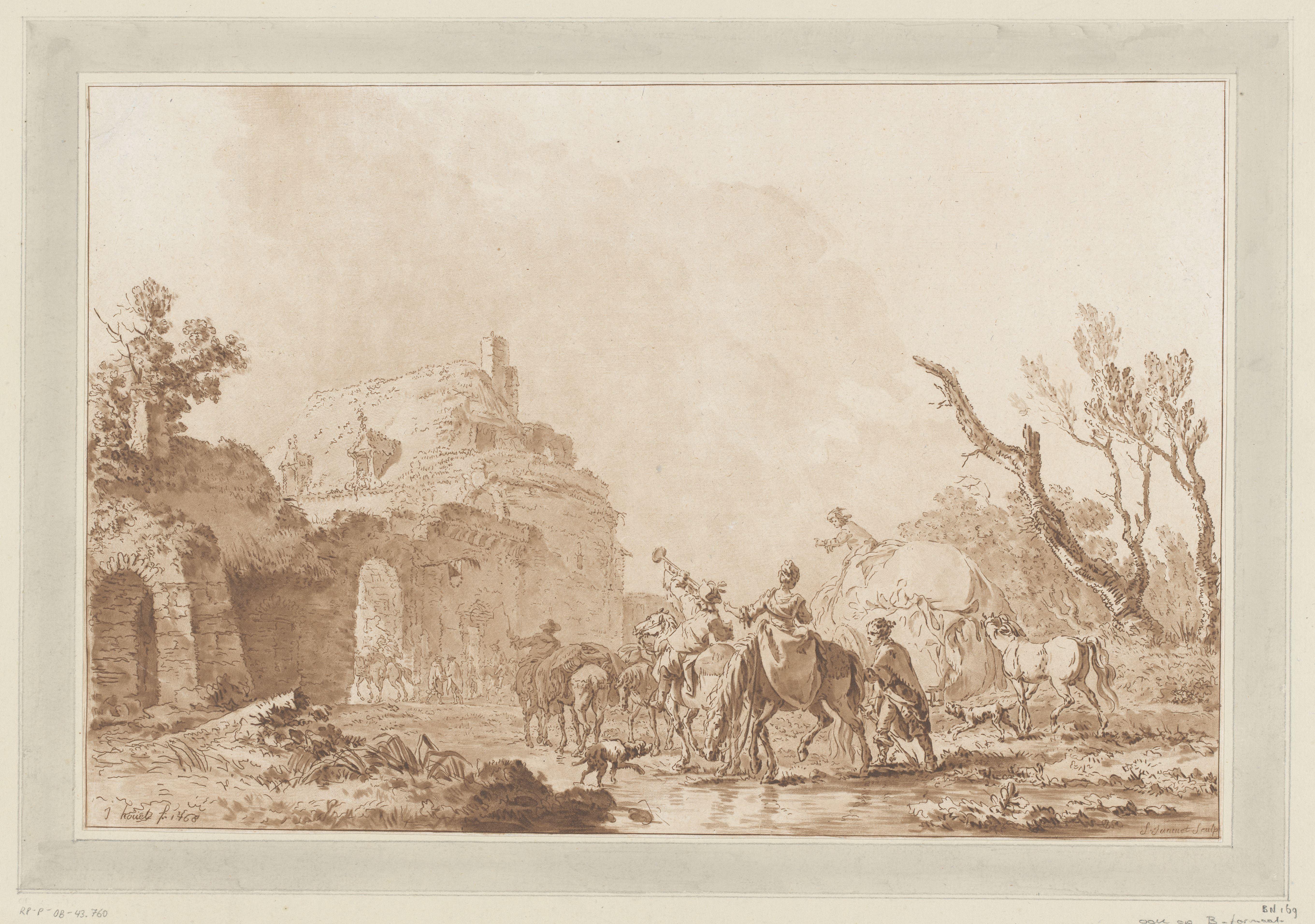 Landschap met ruiters bij een poort