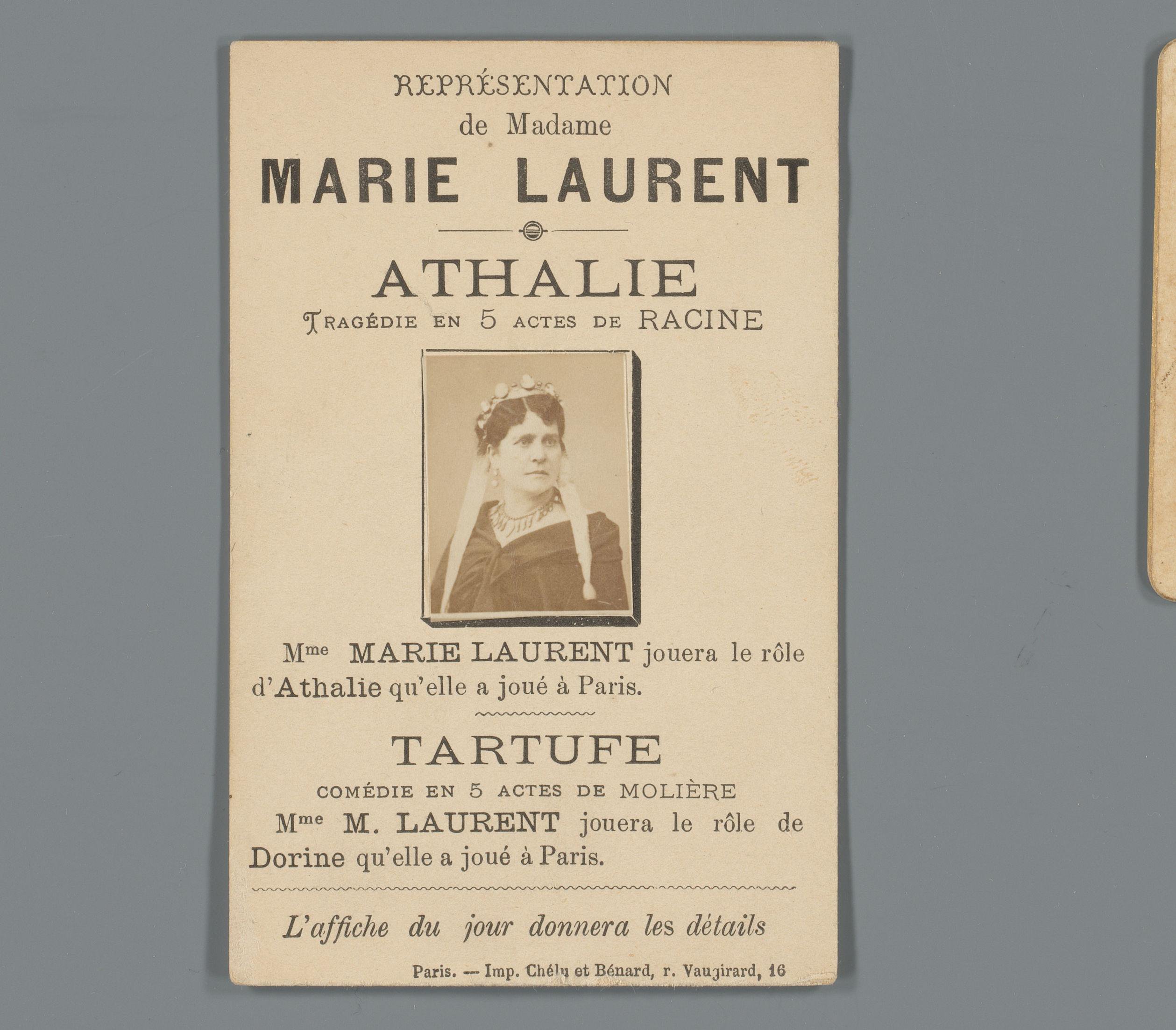 Portret van Marie Laurent als reclame voor de voorstelling Tartufe in Parijs