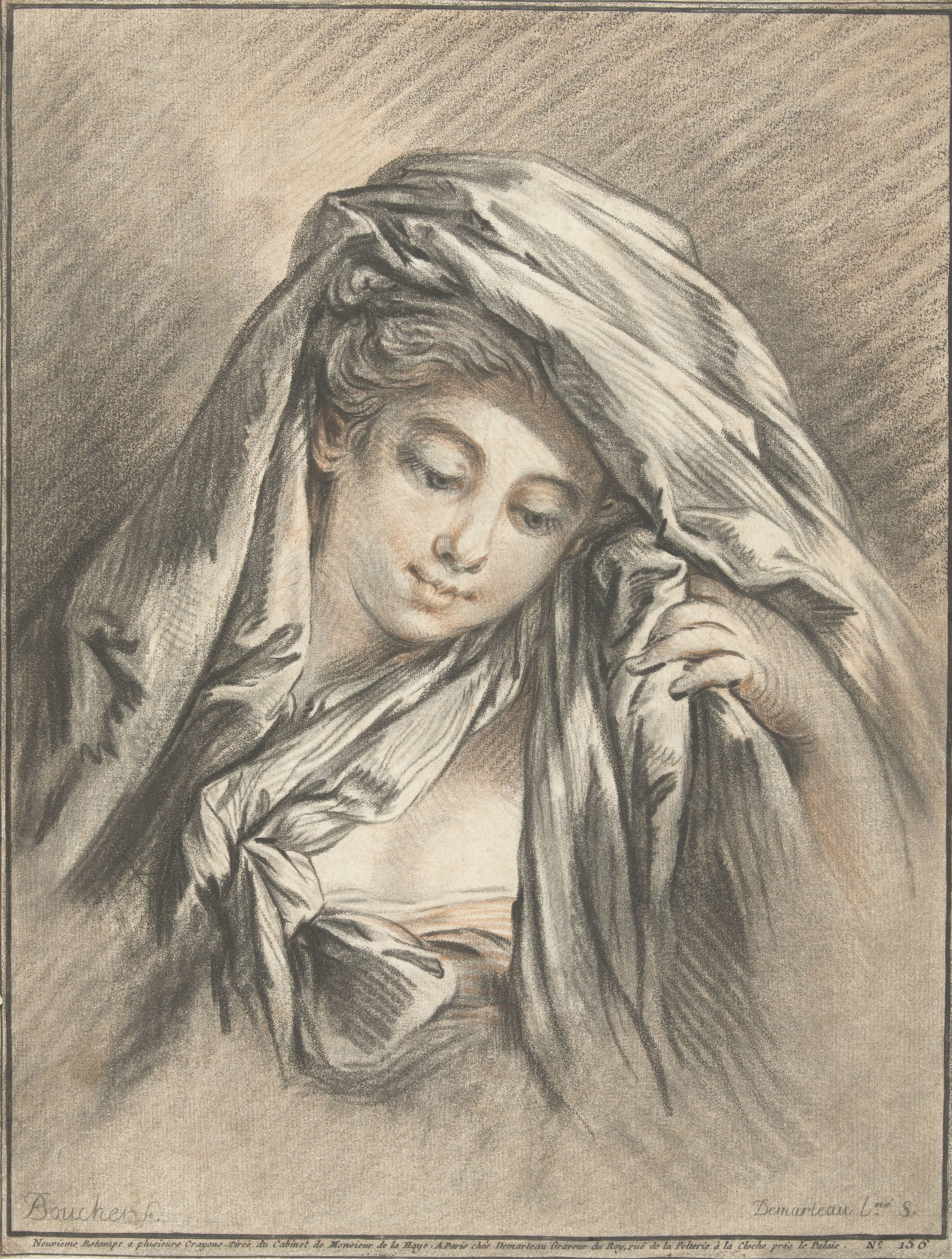 Hoofd van vrouw met doek om het hoofd gedrapeerd