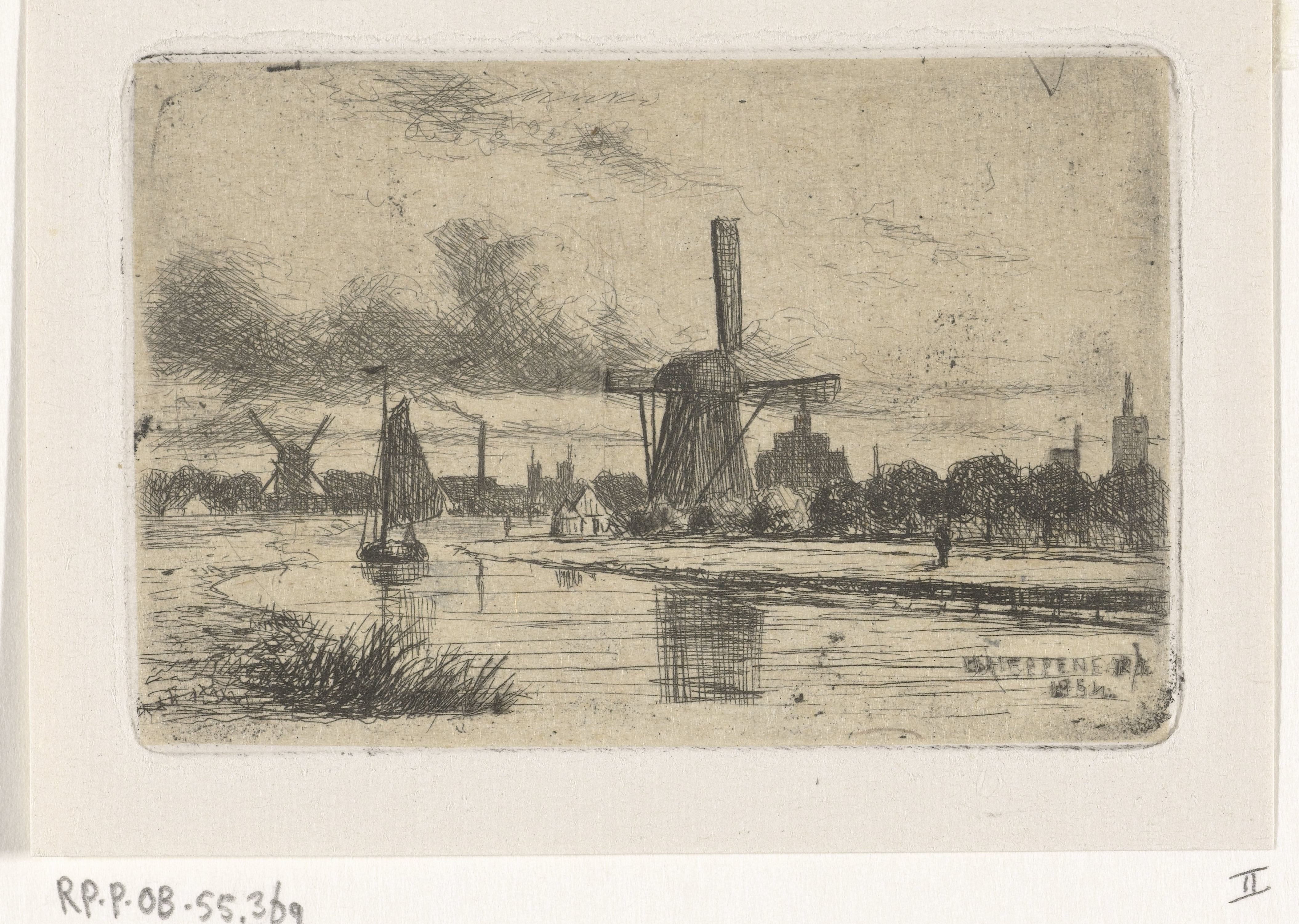Rivierlandschap met molens