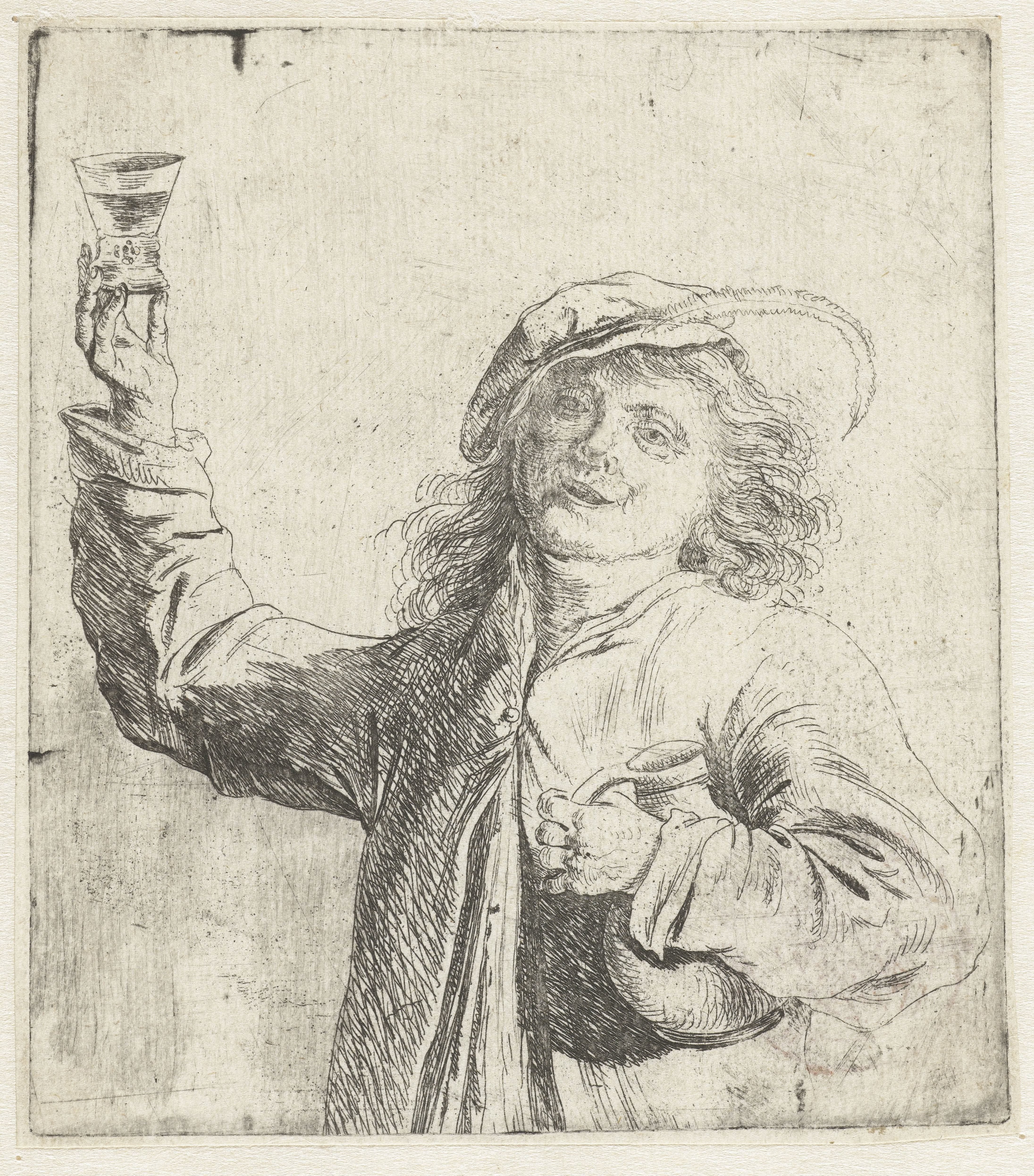 Man met een glas in opgeheven hand en een kruik onder zijn arm