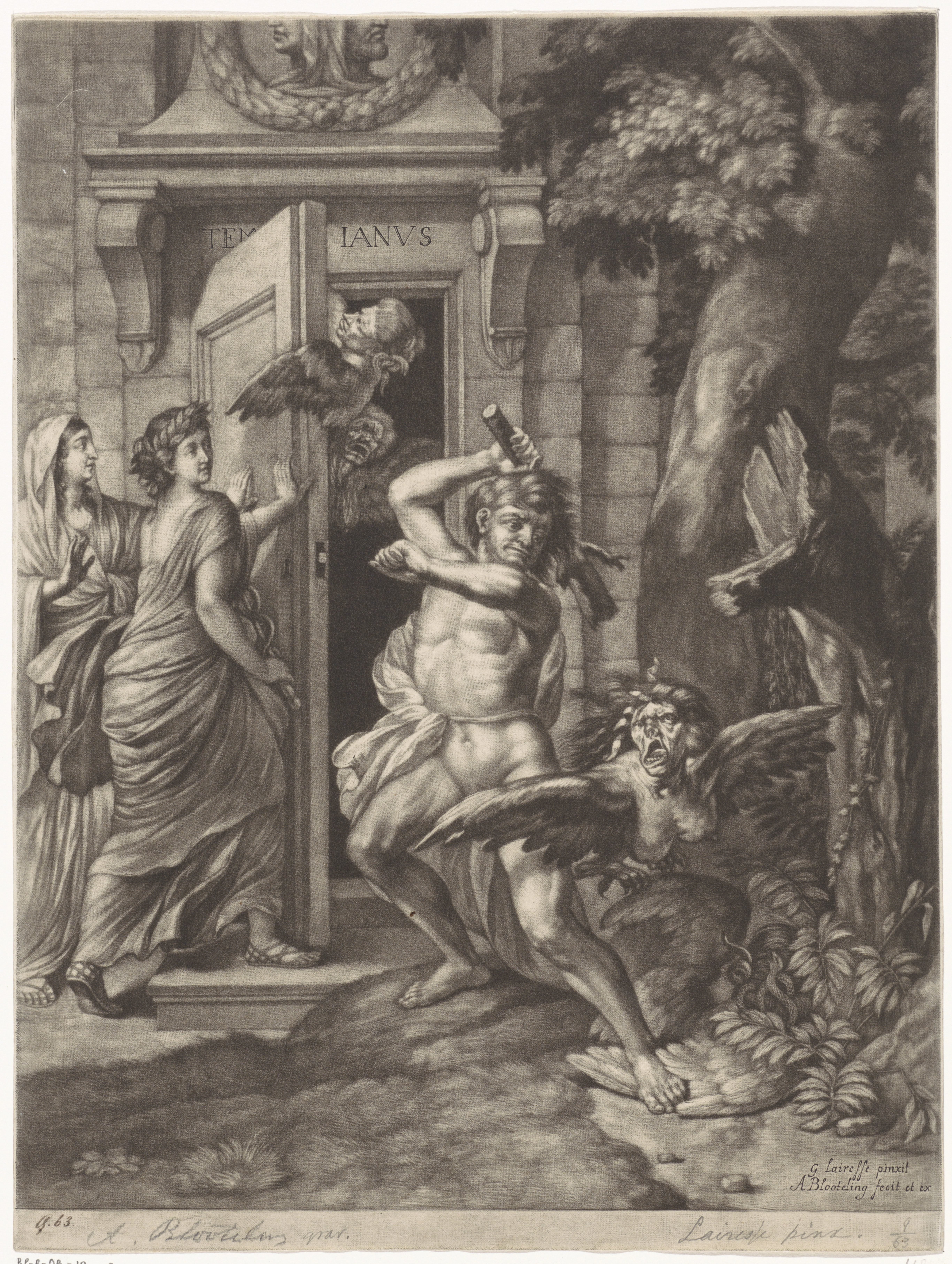 Allegorie op de Vrede van Nijmegen (1678): Hercules verslaat de harpijen voor de tempel van Janus