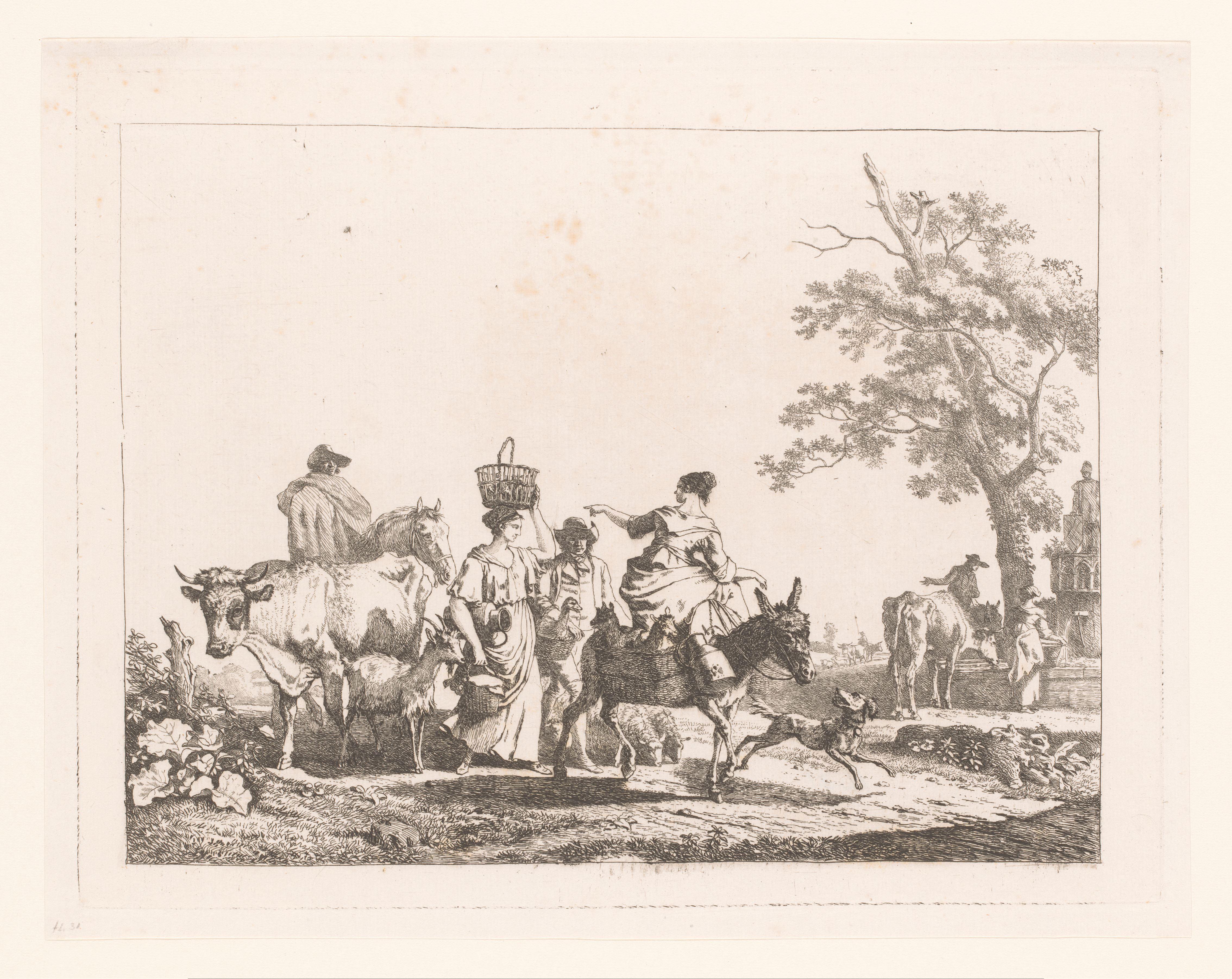 Groep figuren met vee, lopend richting een fontein