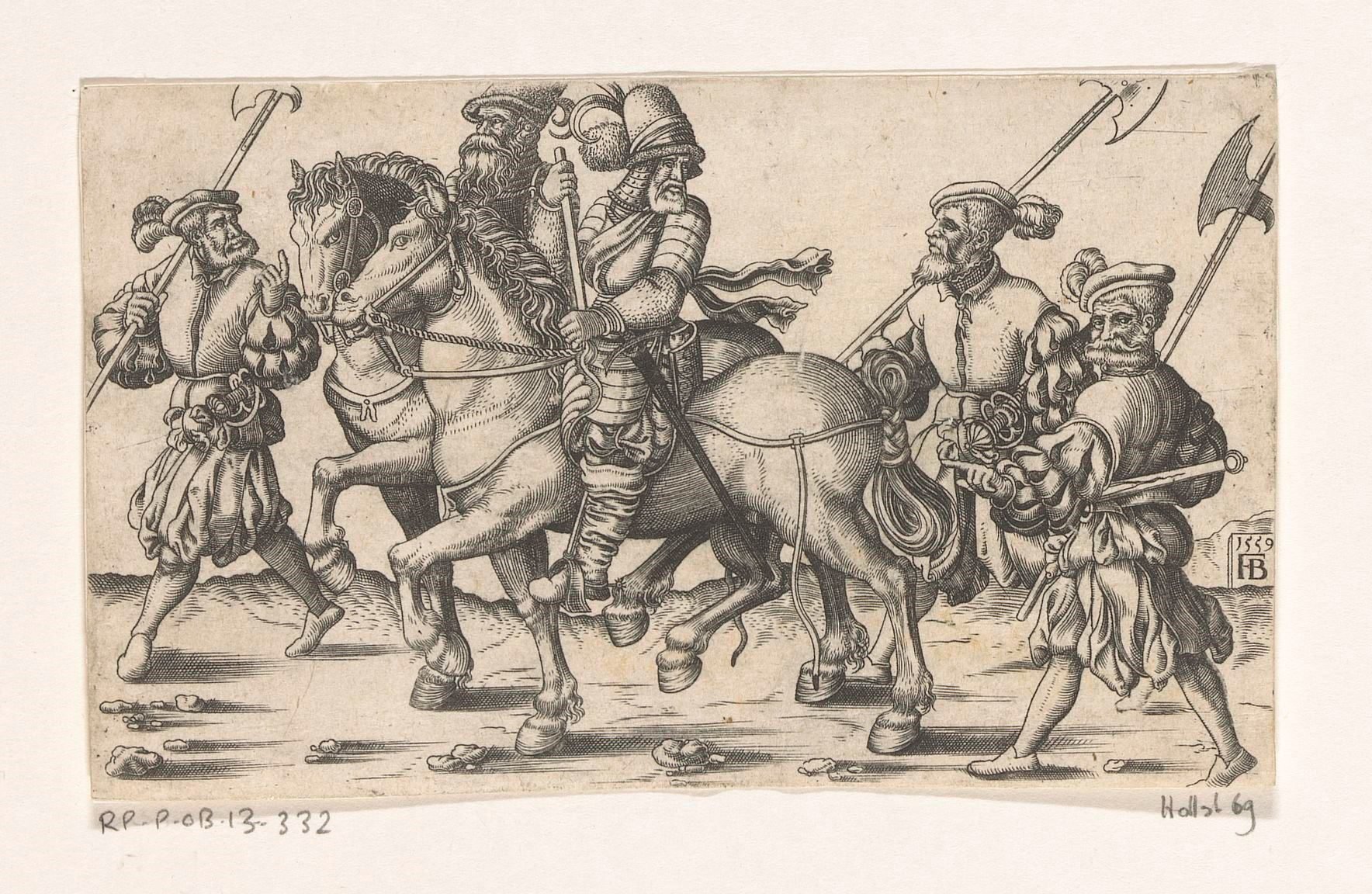 Twee officieren te paard en drie voetsoldaten
