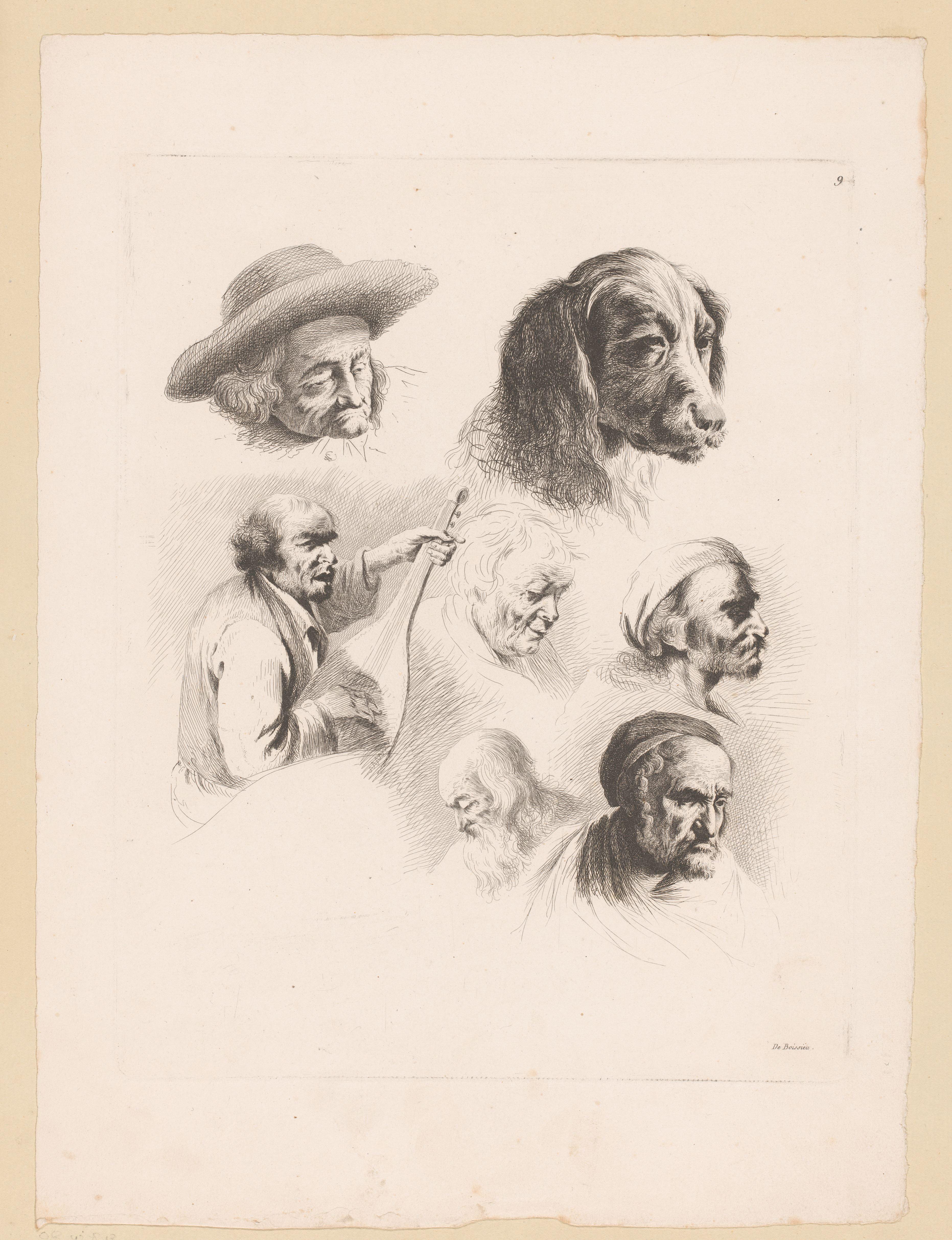 Compositie met zes hoofden van verschillende mannen en de kop van een hond
