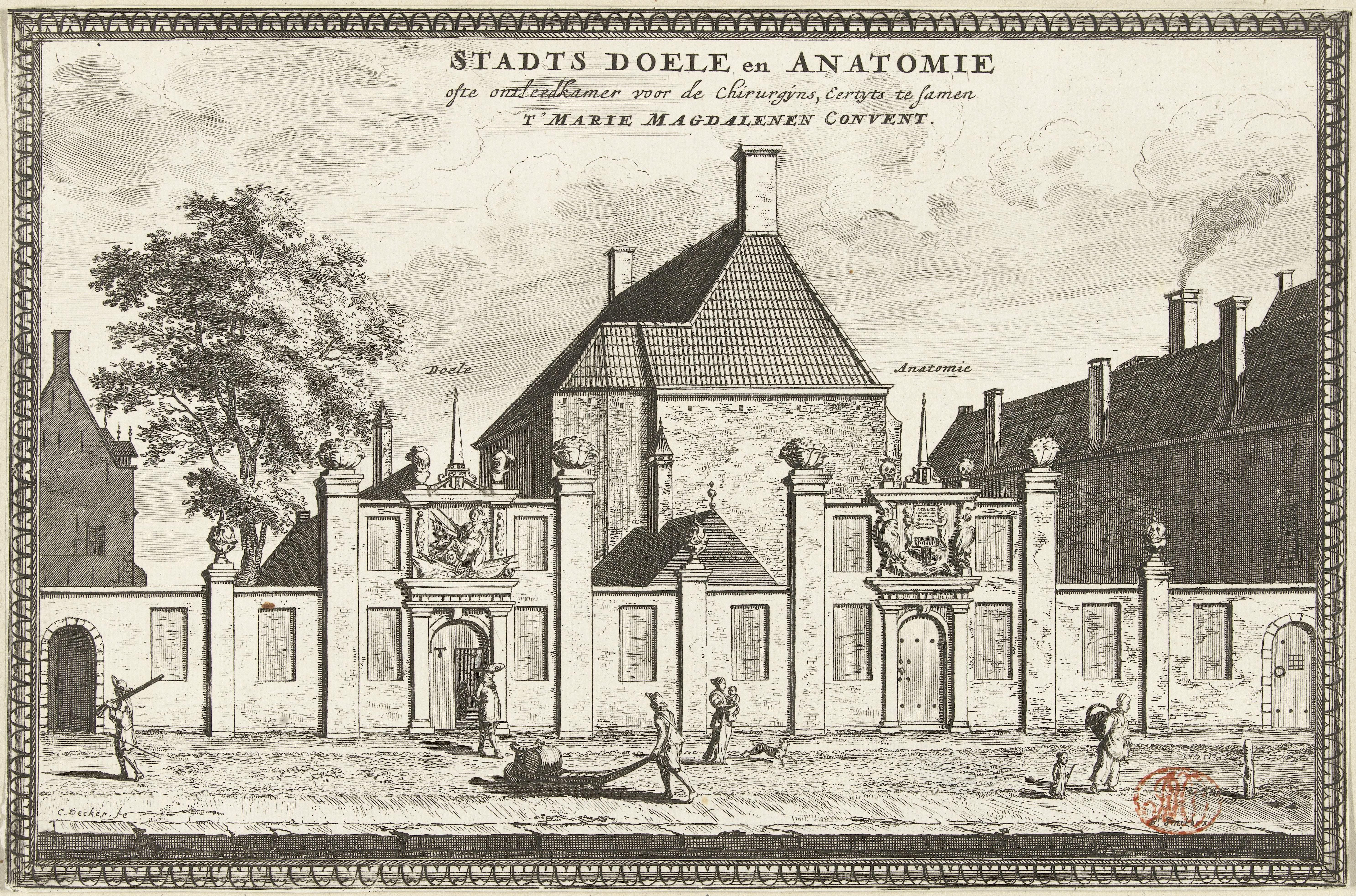 Gezicht op de Stadsdoelen en Chirurgijnskamer te Delft