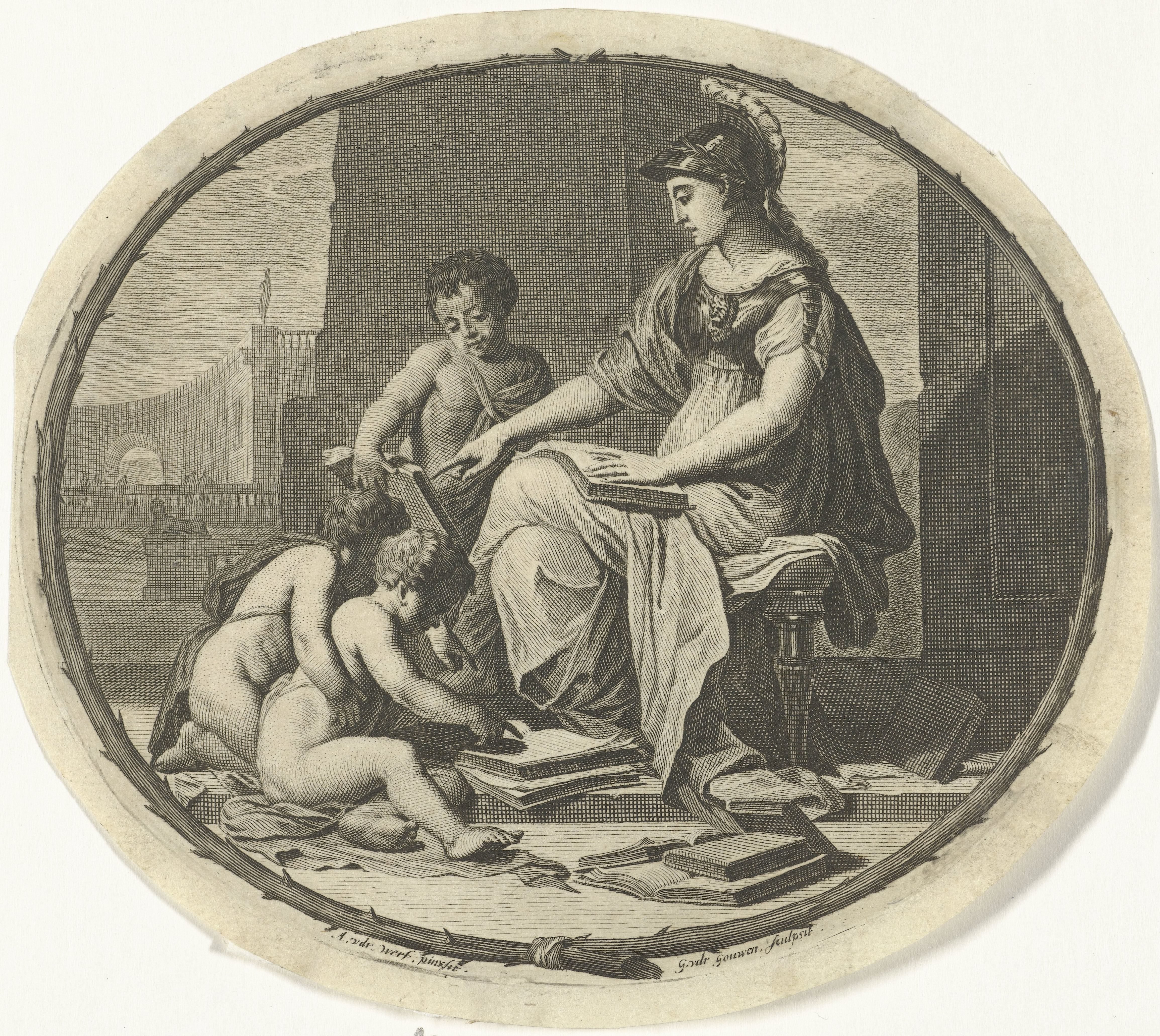 Minerva geeft les aan enkele putti