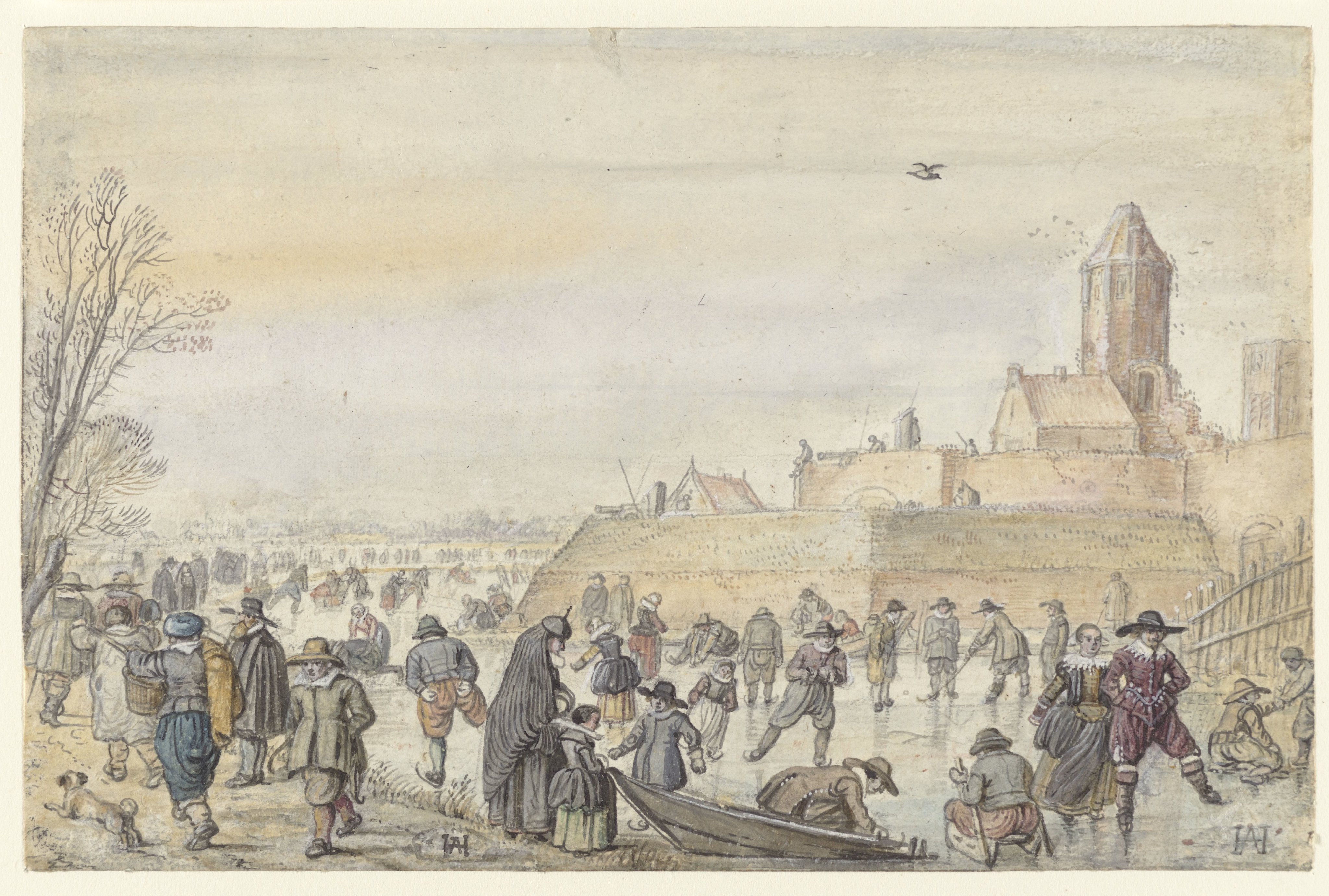 Winter Scene on the Frozen Canal near the Kalverhekkenpoort, Kampen / verso: Sketches of Figures on the Ice
