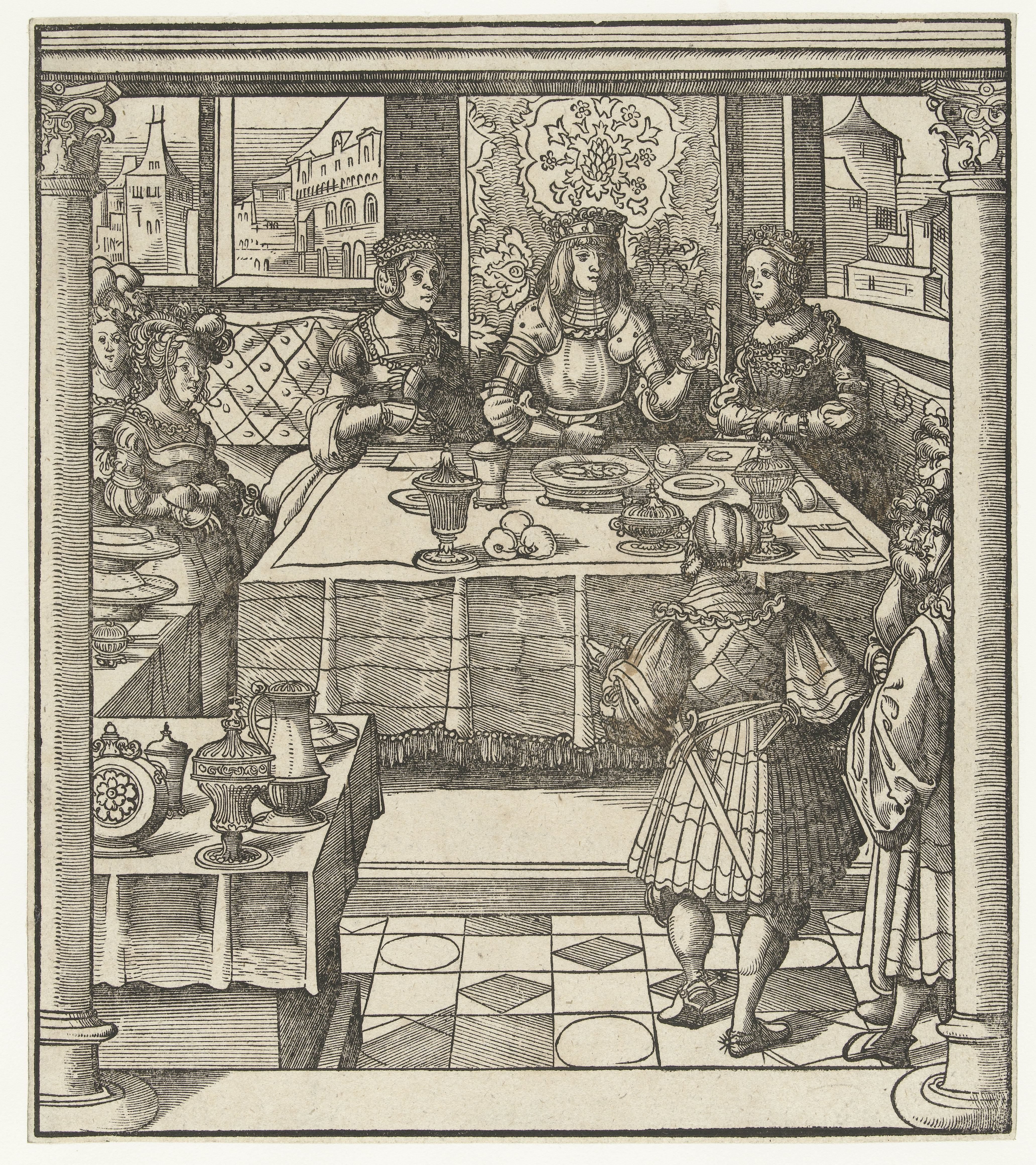 Maximiliaan zit aan tafel met twee vrouwen en ontvangt boodschapper