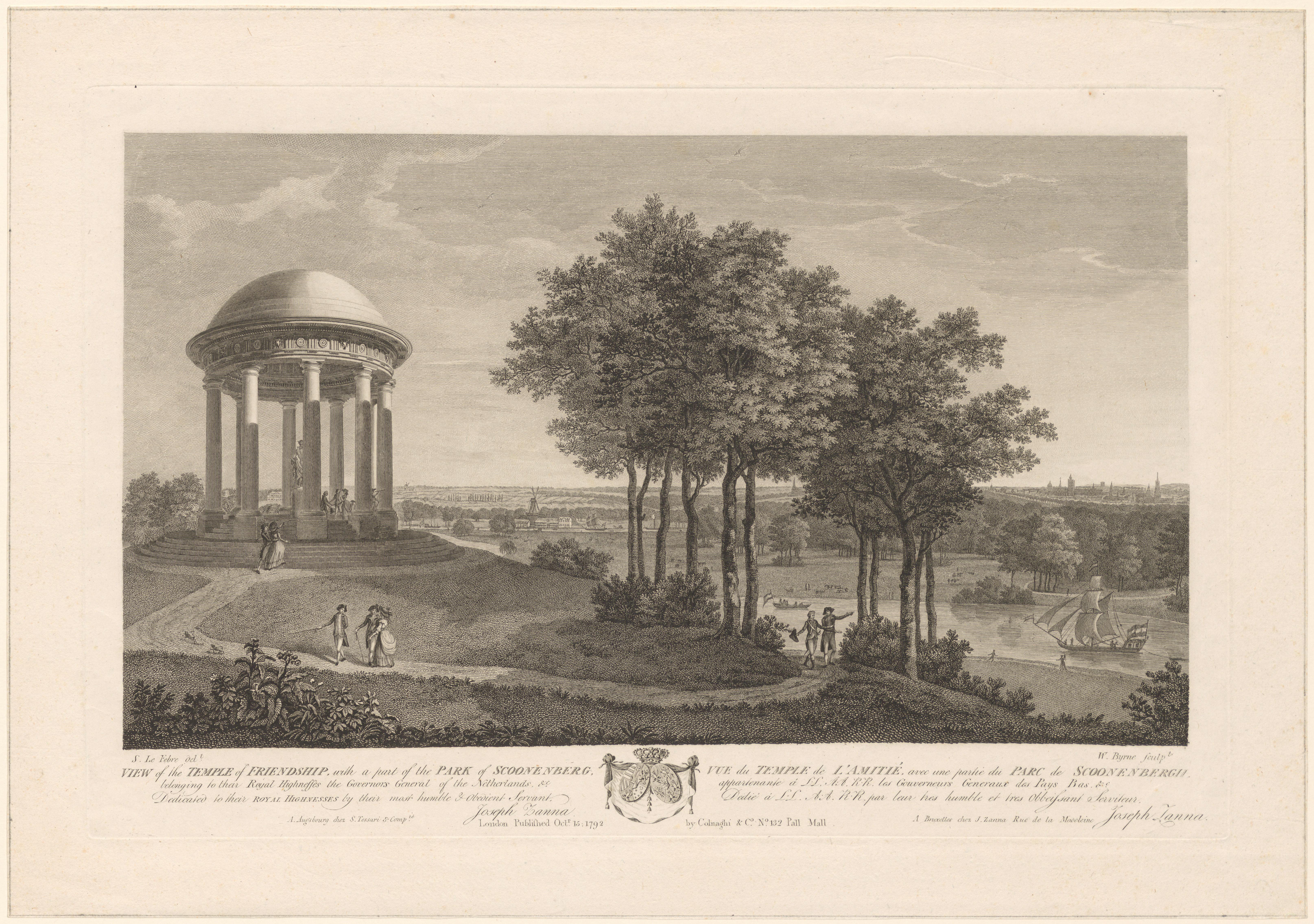 Wandelaars bij de Tempel der Vriendschap in het park Schoonenberg nabij Brussel