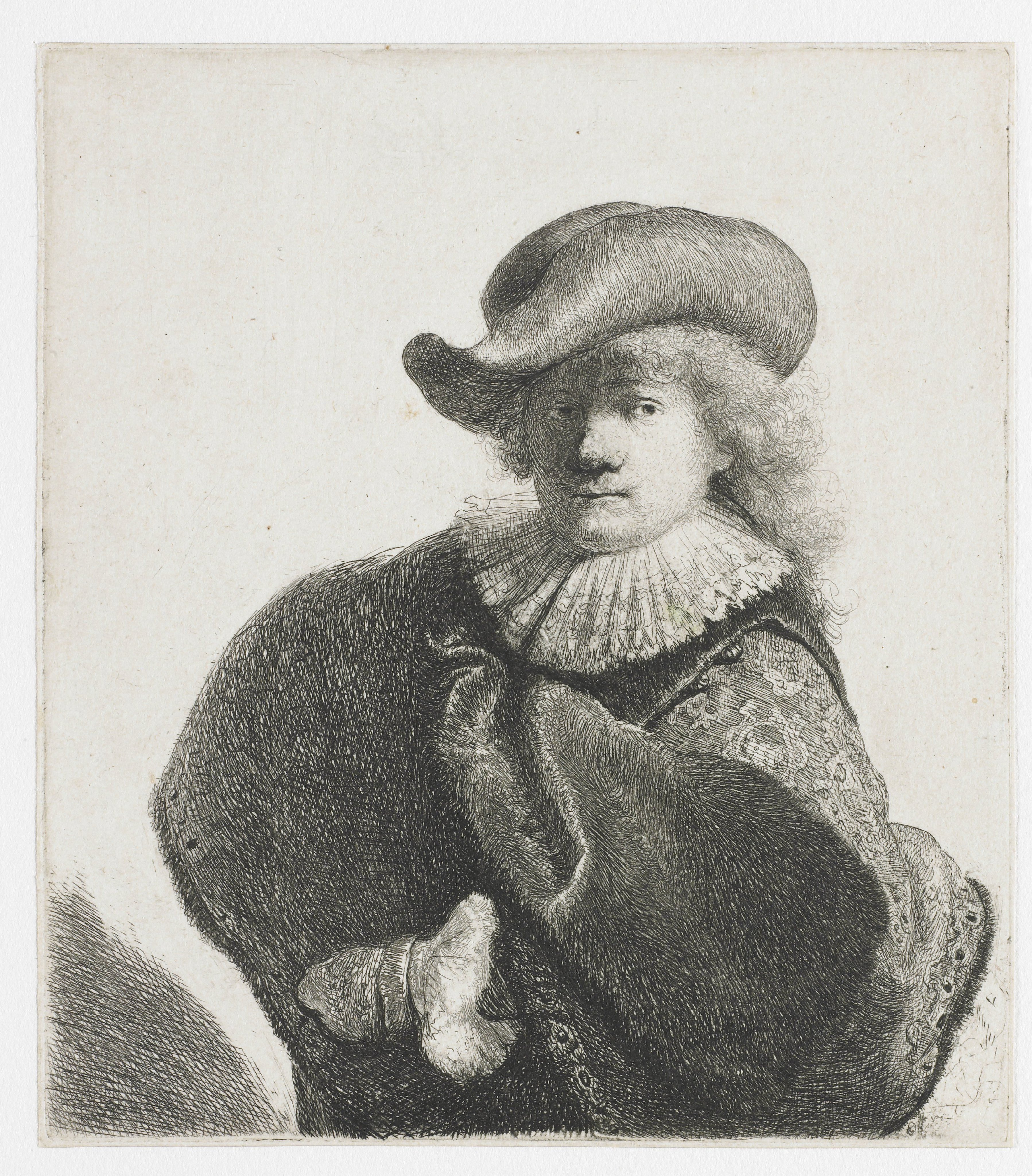 Self-portrait in a soft hat and a patterned cloak