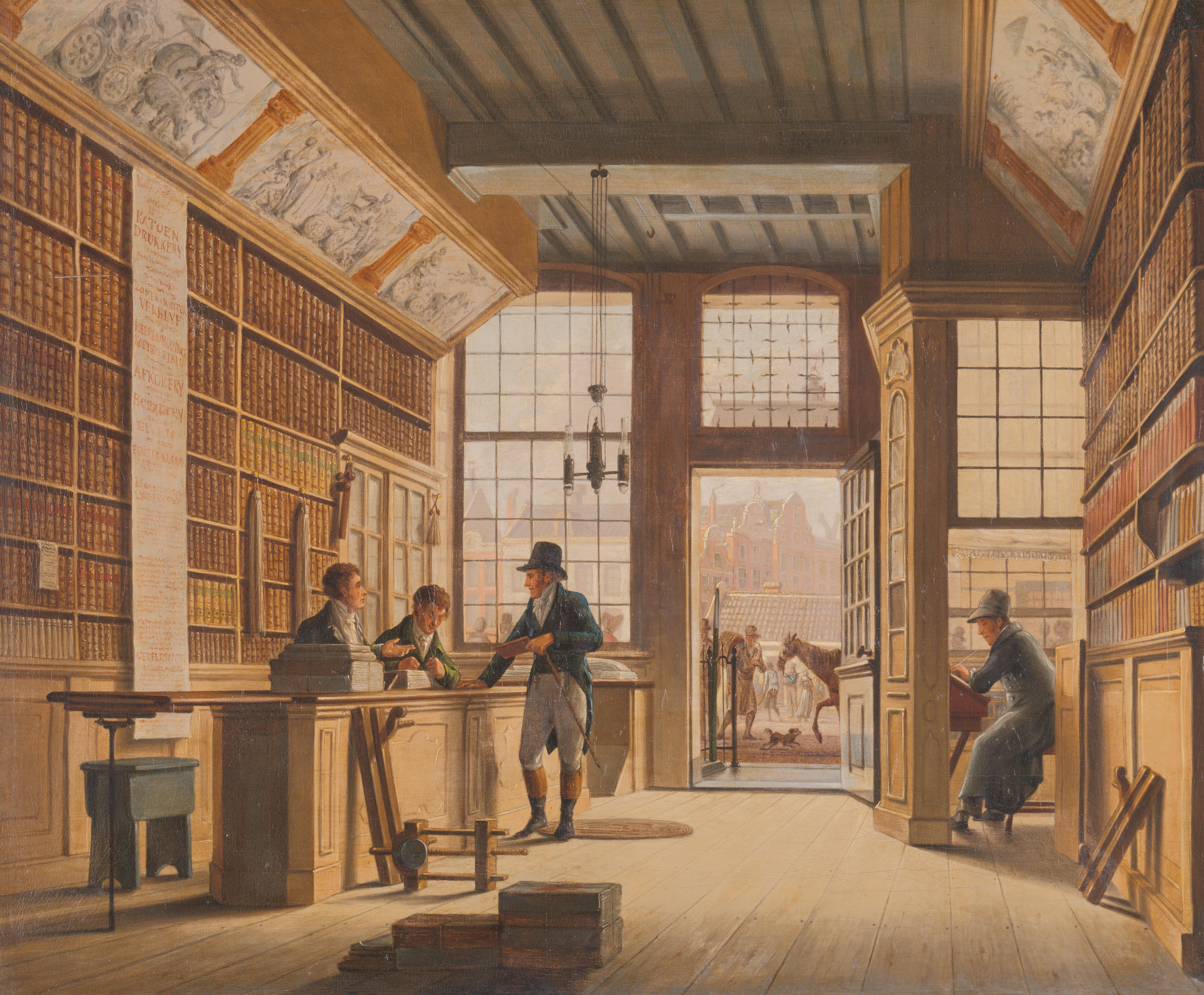 De winkel van boekhandelaar Pieter Meijer Warnars op de Vijgendam in Amsterdam