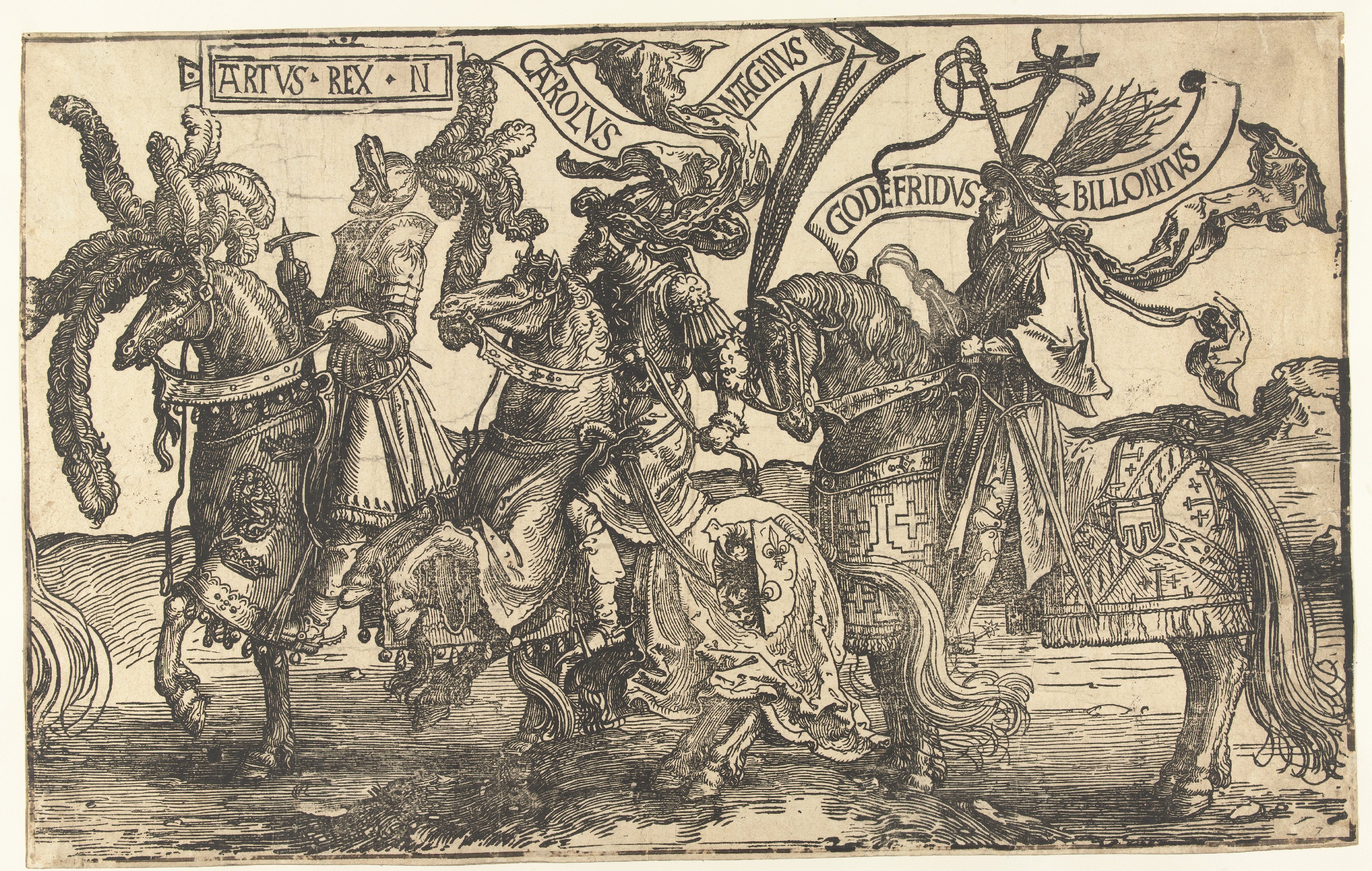 De helden Koning Arthur, Karel de Grote en Godfried van Bouillon