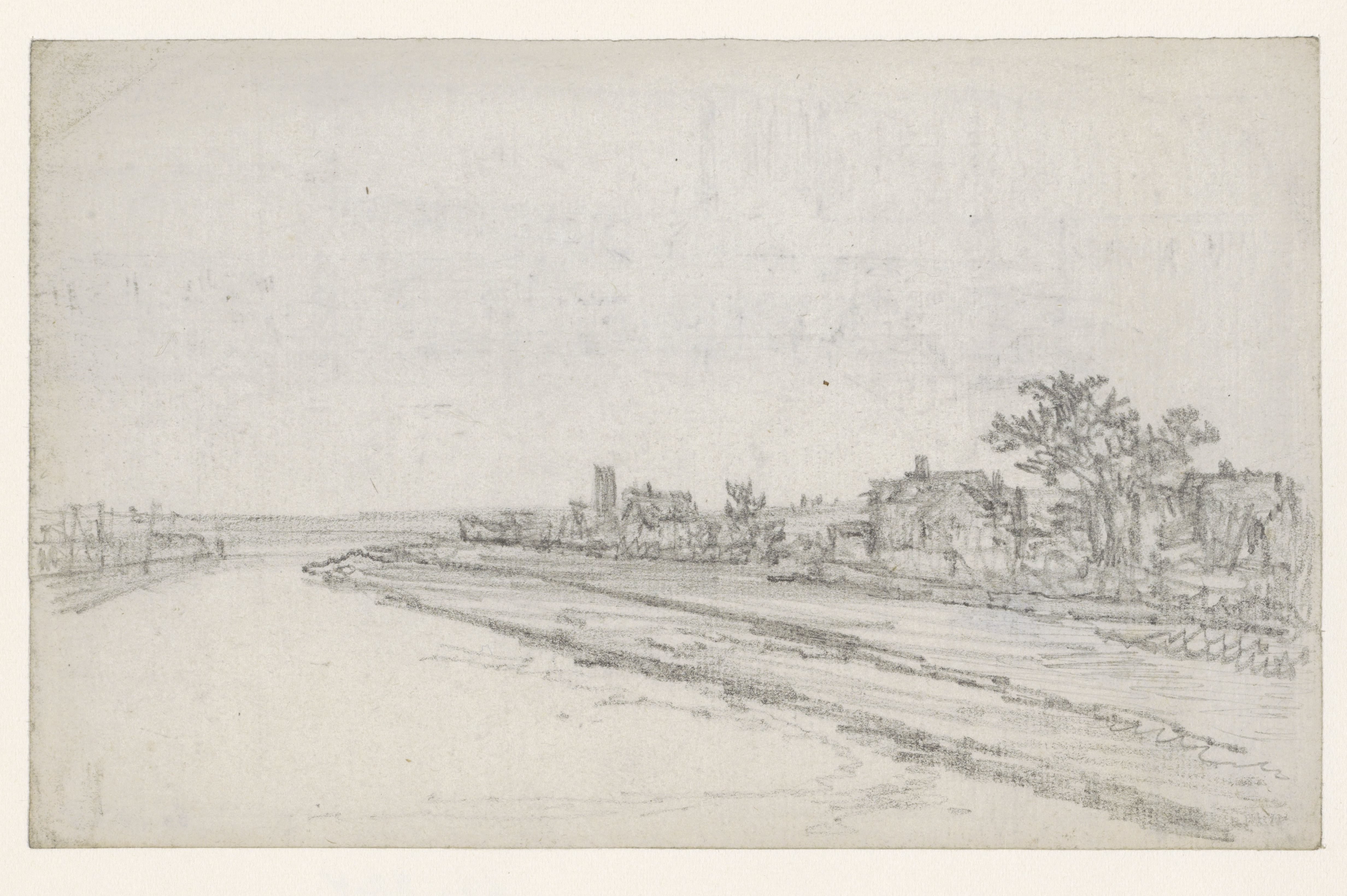 Rivier; rechts huizen