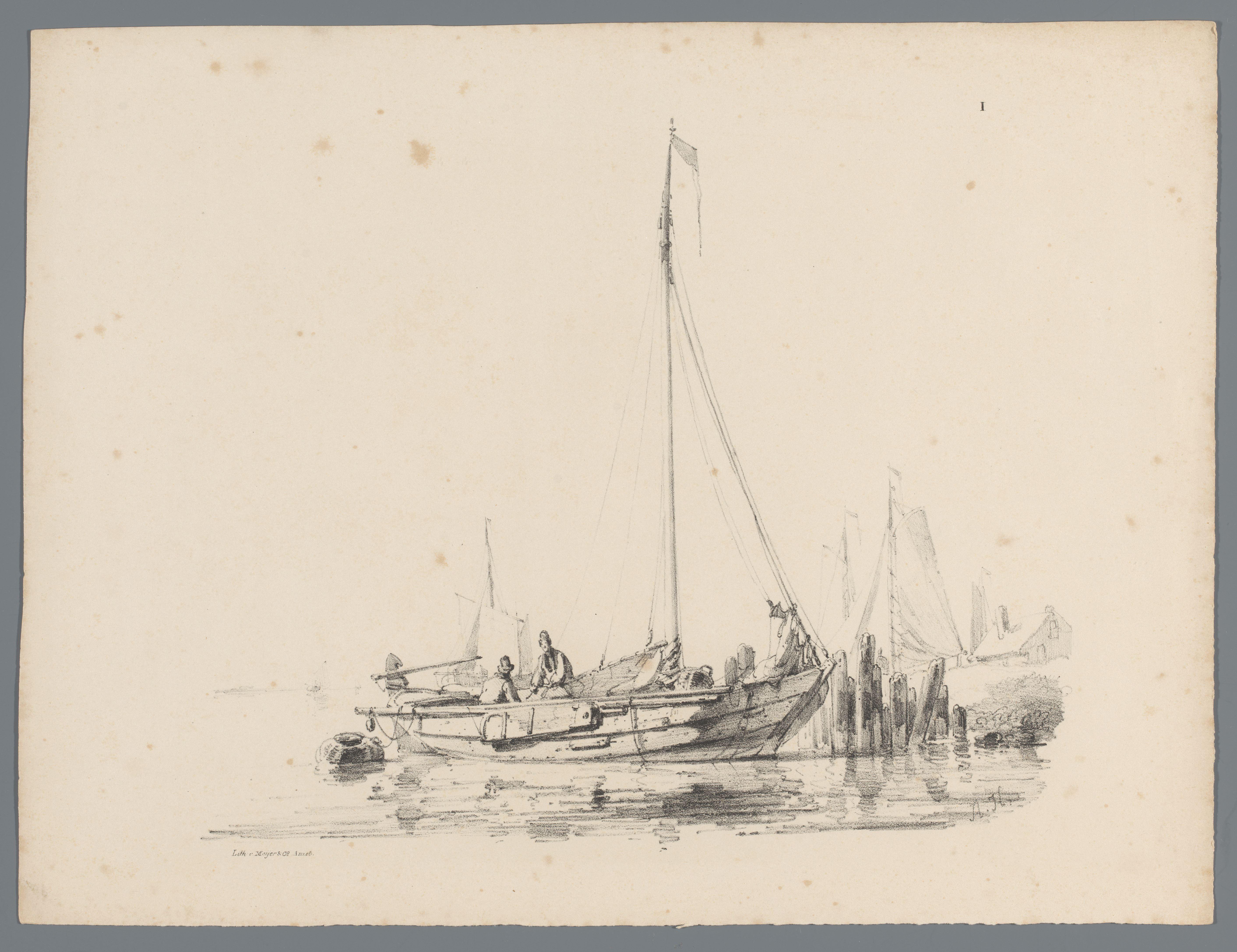 Zeilboot aan de waterkant met twee figuren