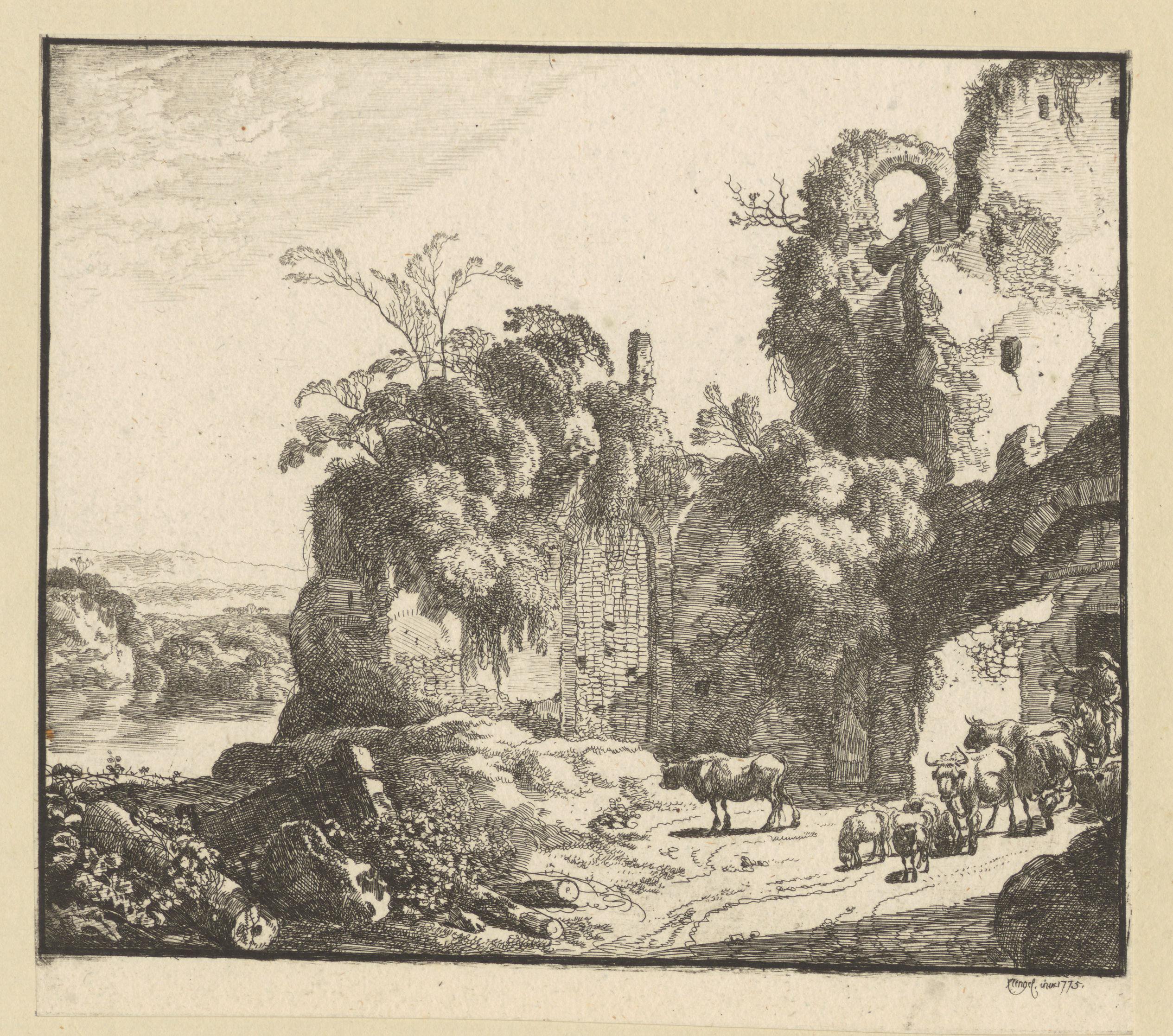 Landschap met ruïne en een herder te paard met zijn kudde