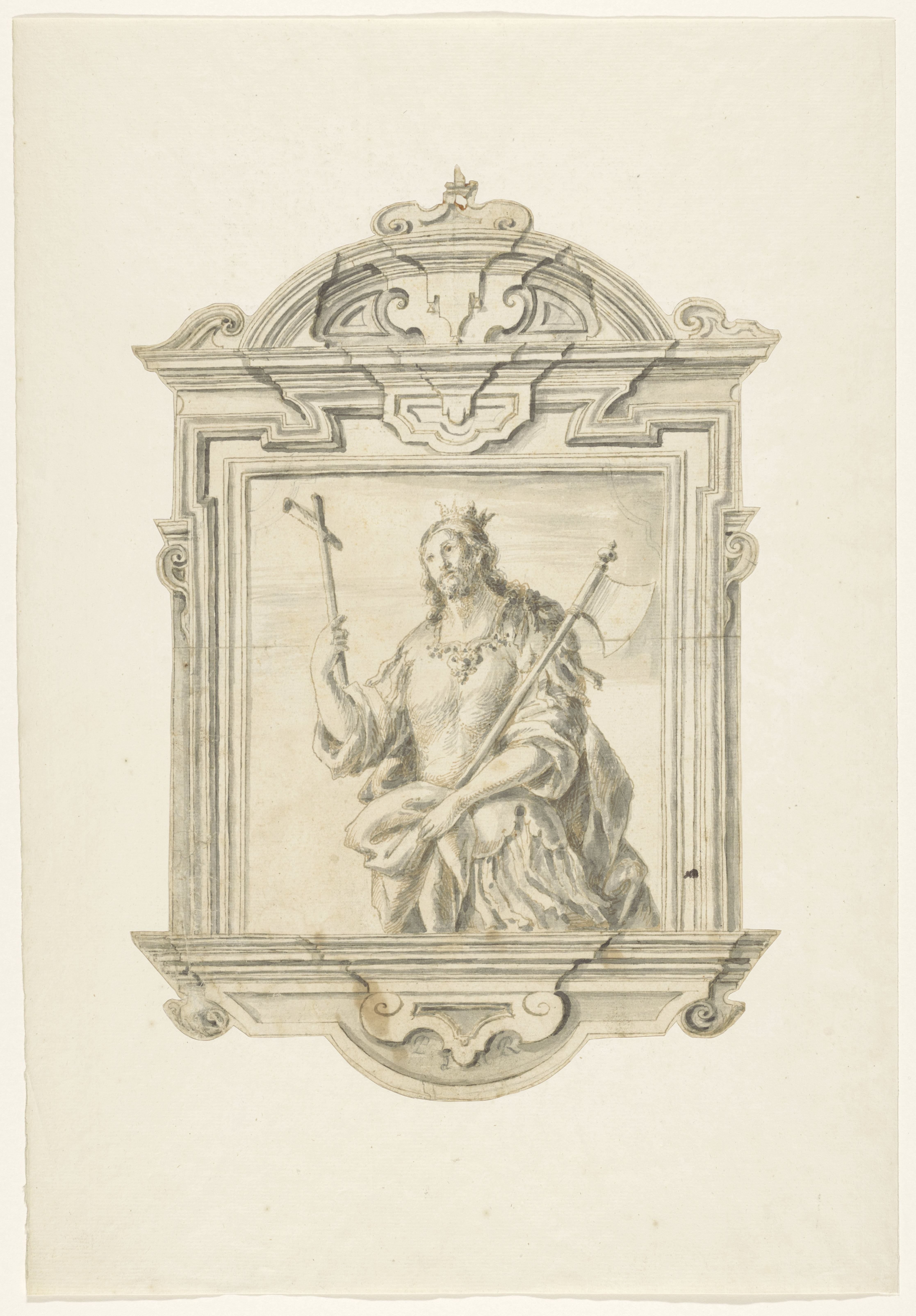 Barokke lijst met voorstelling van een martelaar in kniestuk, met een kruis en bijl in de hand