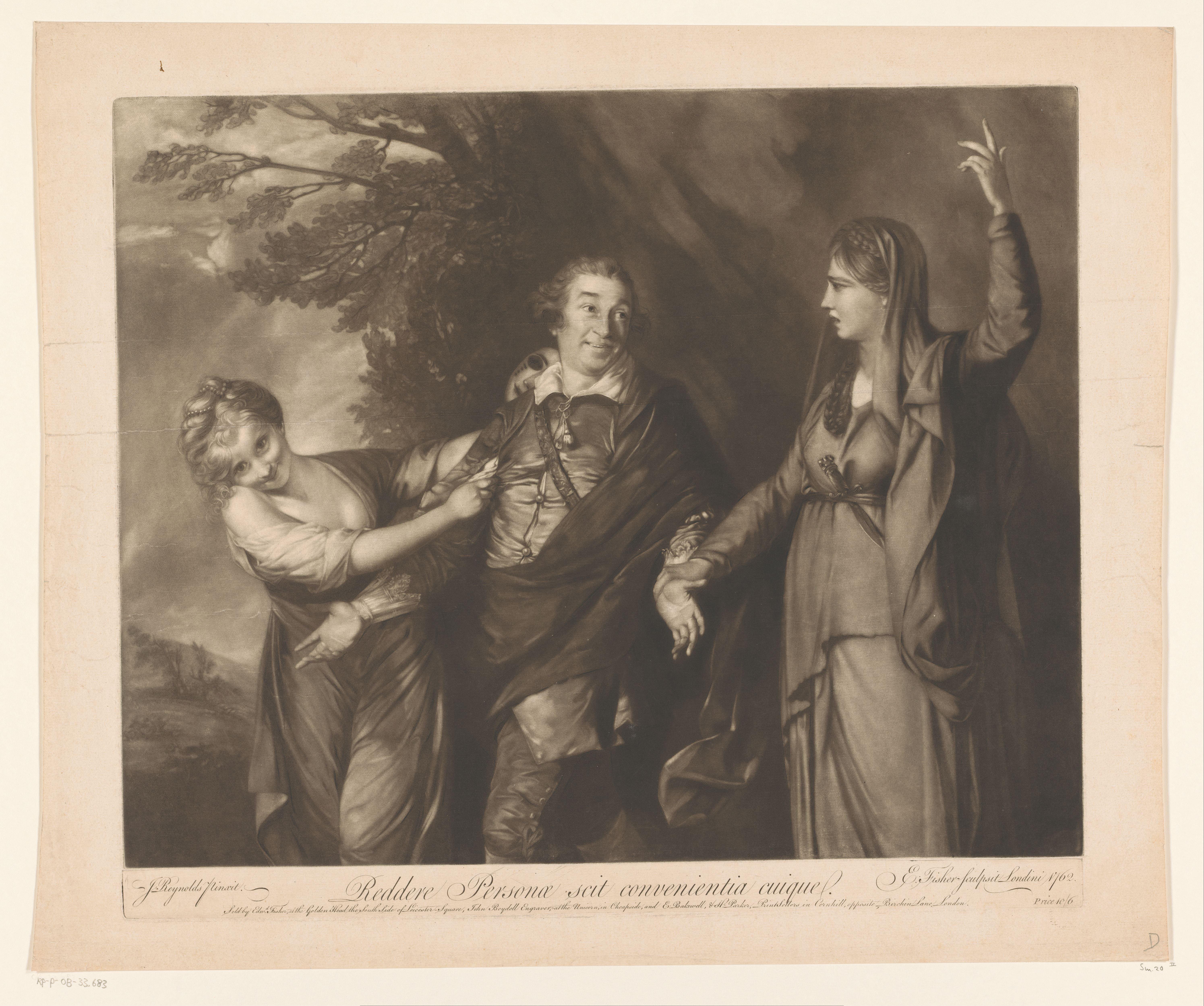 Portret van David Garrick tussen personificaties van komedie en tragedie