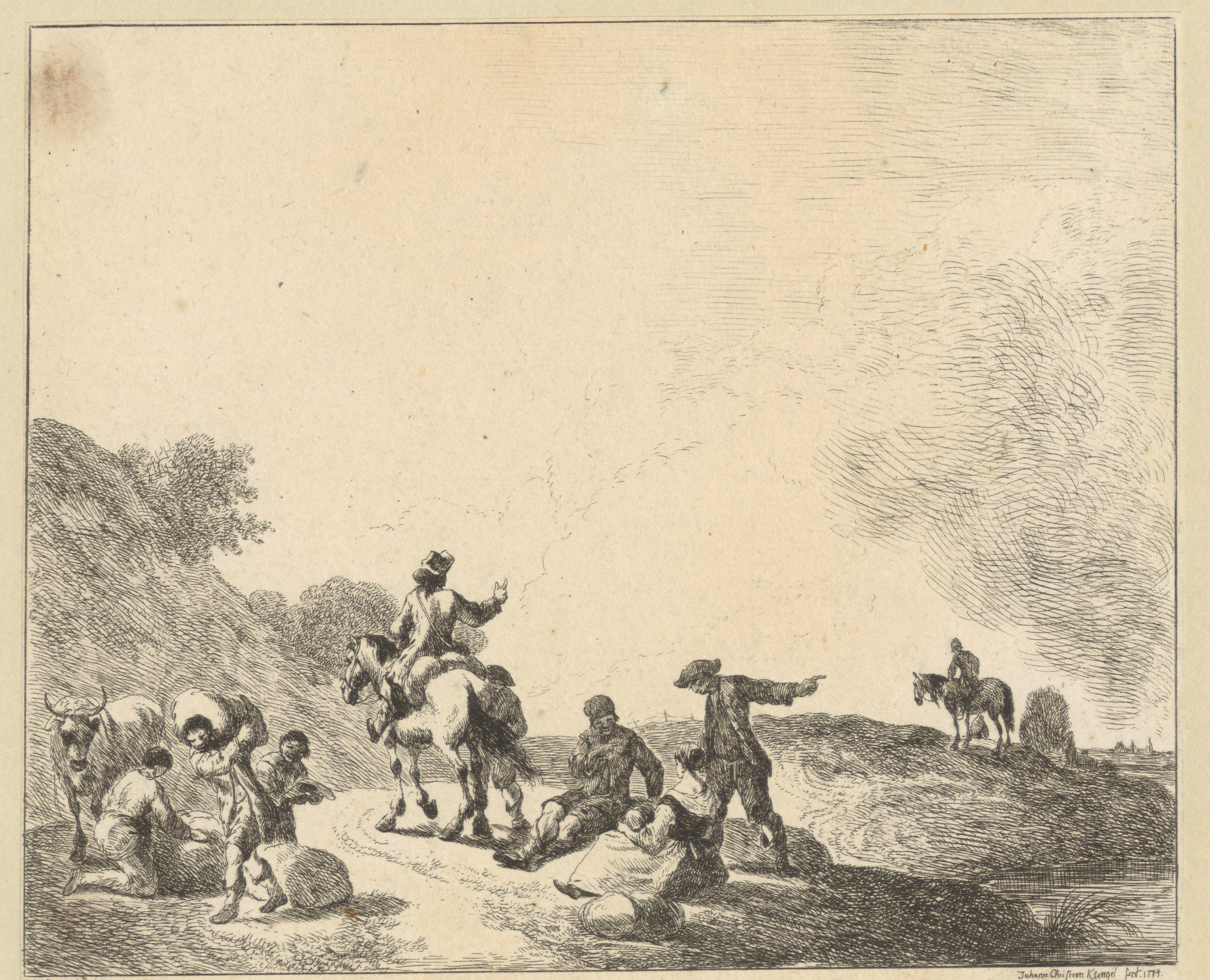 Landschap met ruiters en rustende en werkende arbeiders langs een pad
