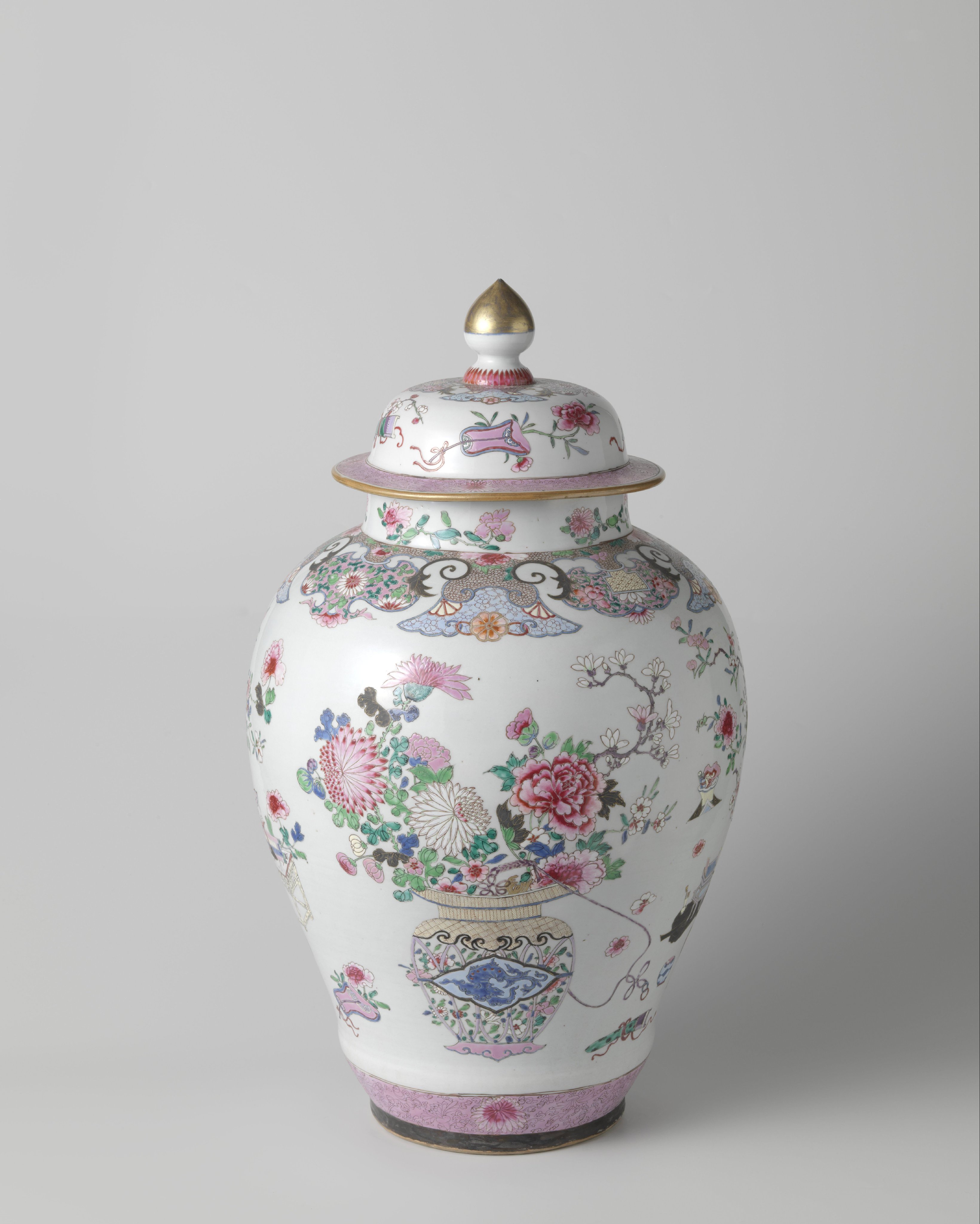 Ovoid covered jar with flower baskets and auspicious symbols