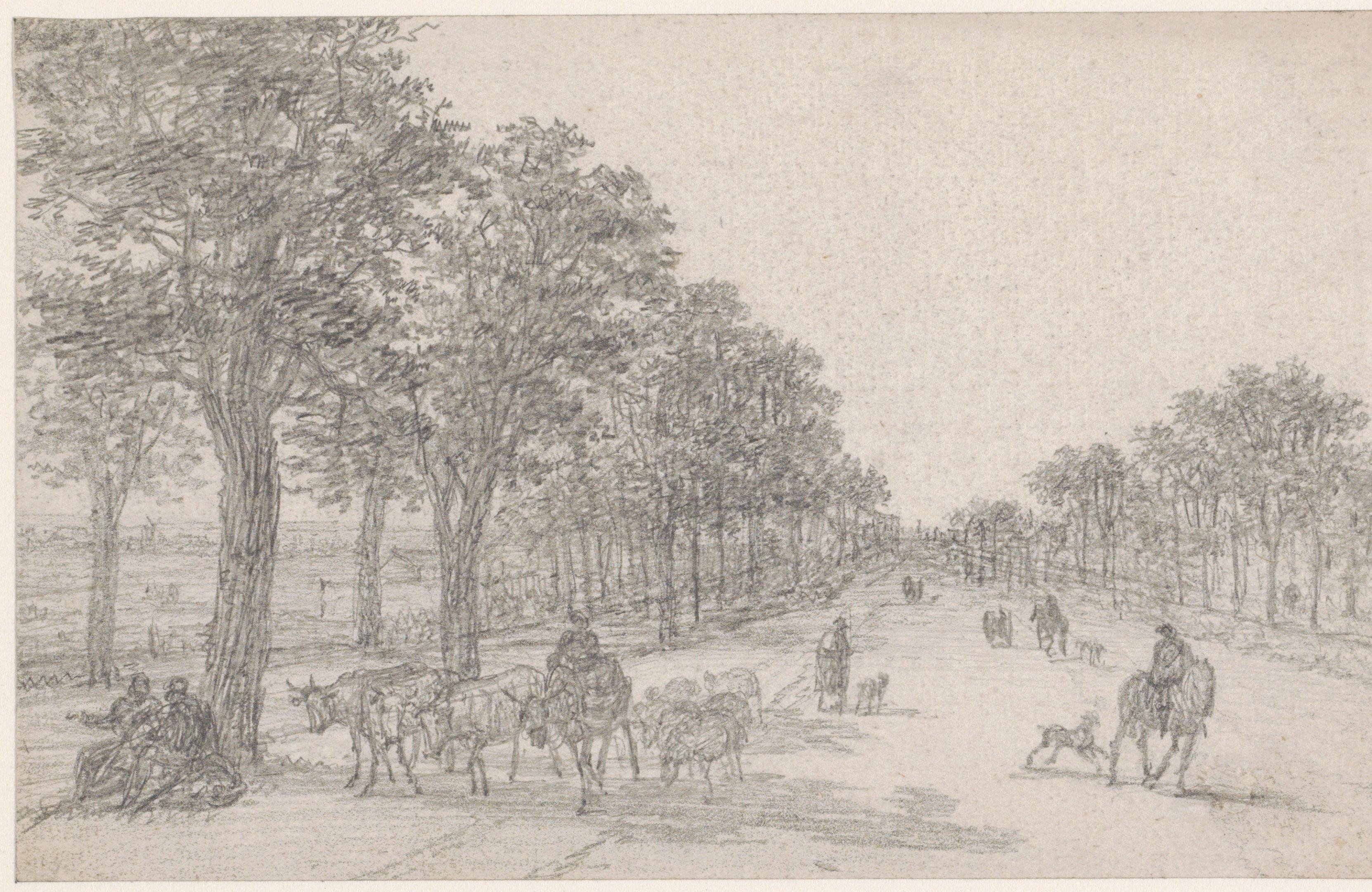 Boomrijke weg met een herder met kudde, man te paard en passanten