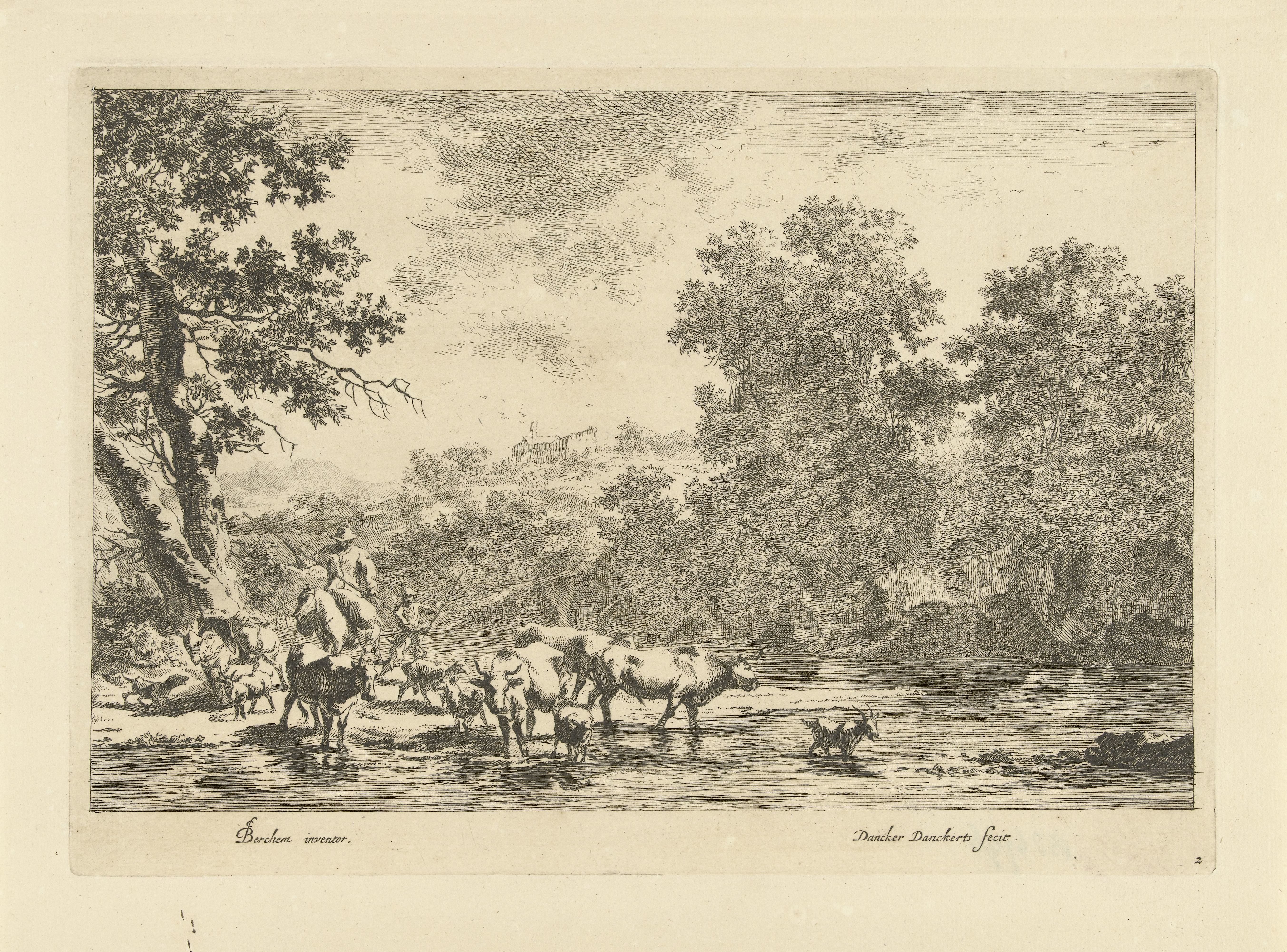 Italiaans landschap met herder te paard en vee bij rivier