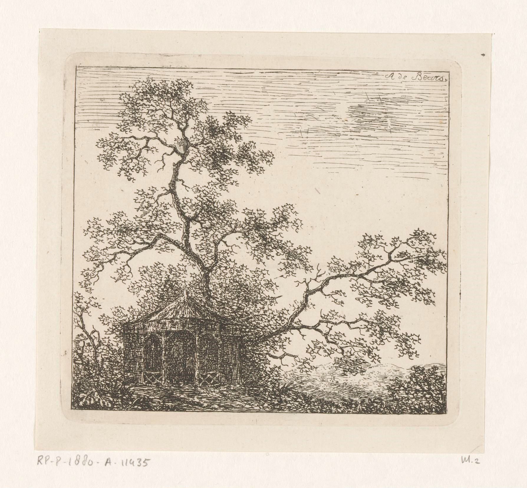 Landschap met een tuinhuis voor een boom