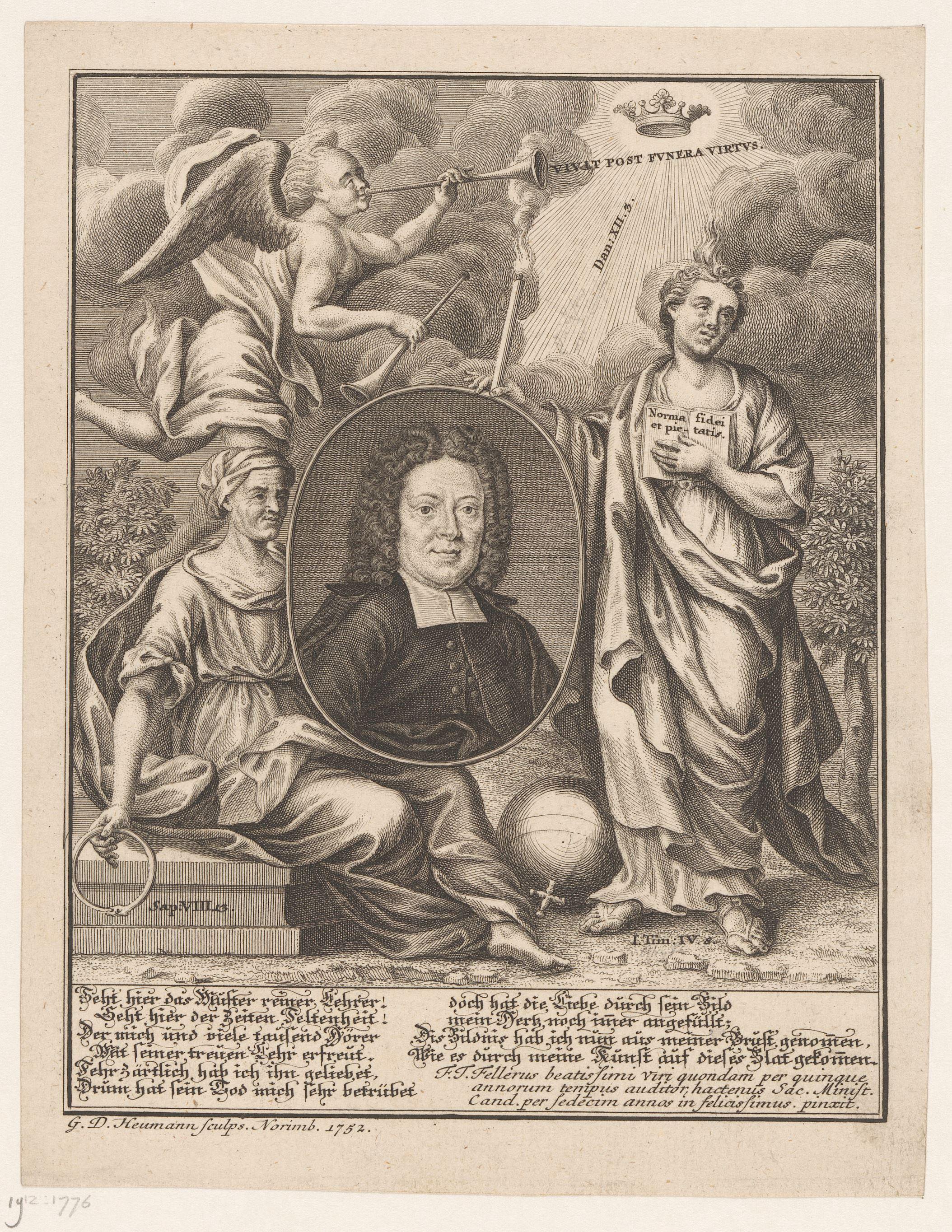 Portret van Johann Franz Buddeus met allegorieën