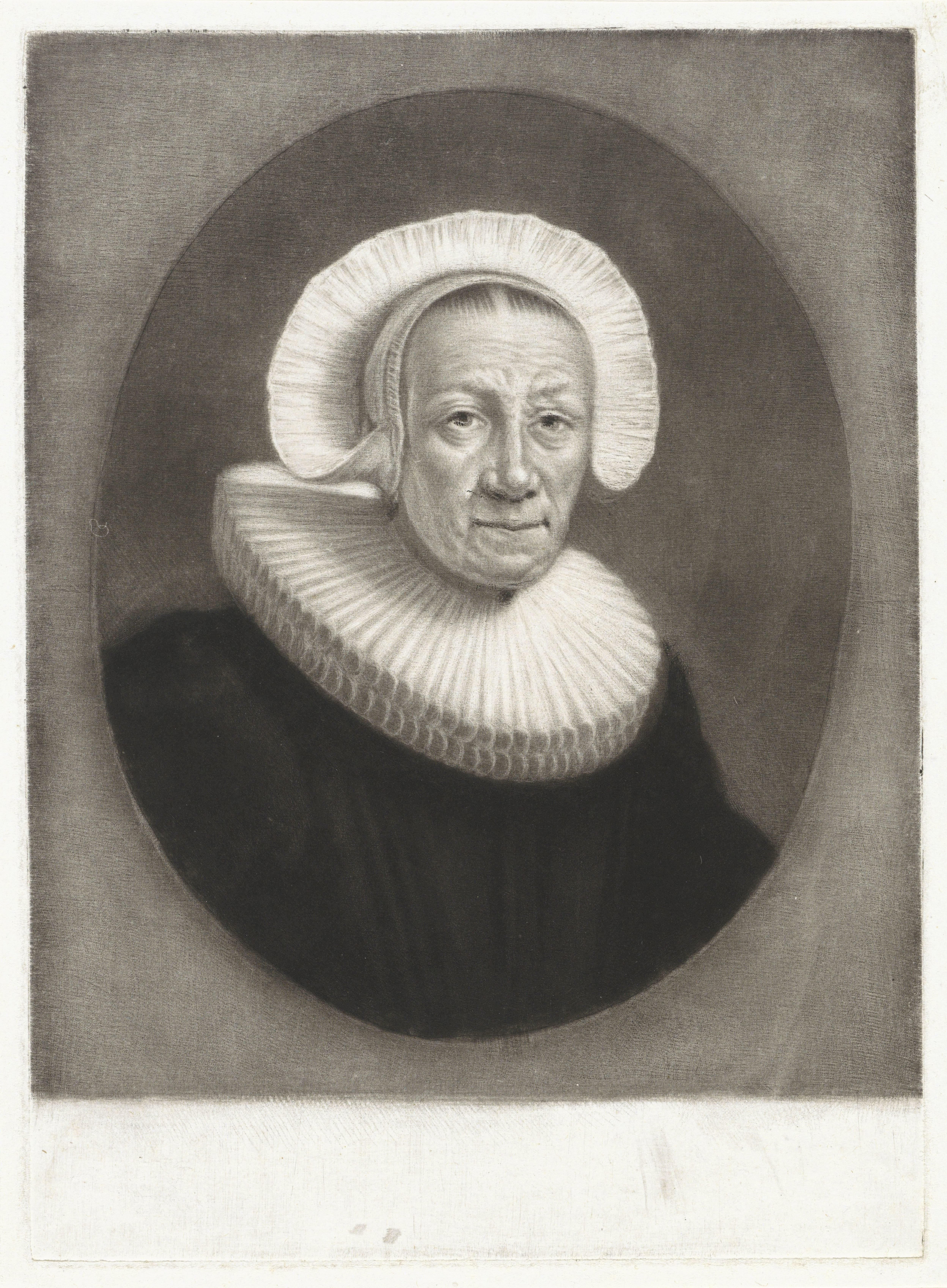 Portret van een oude vrouw met geplooide plooikraag
