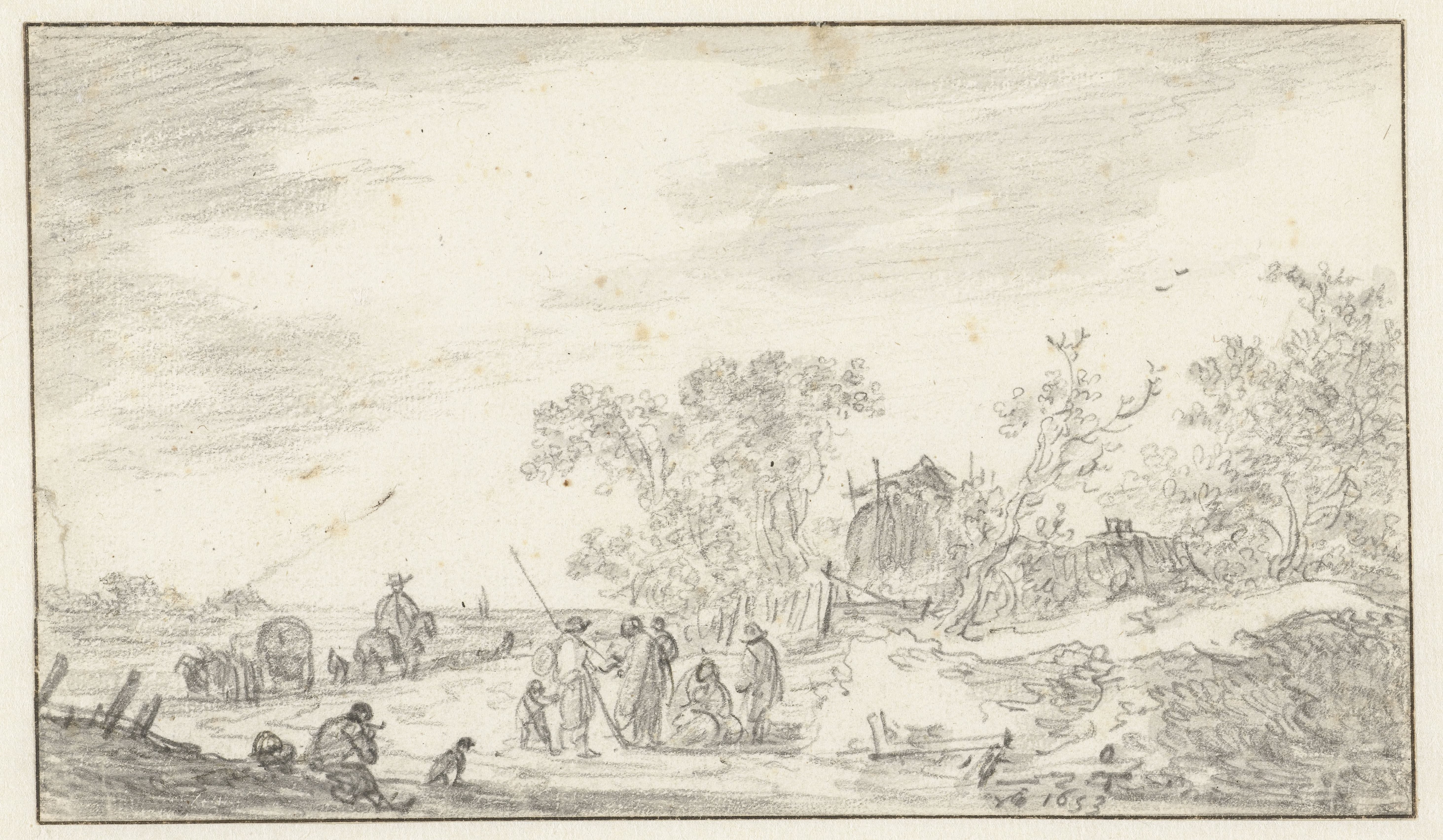 Groep figuren langs een weg