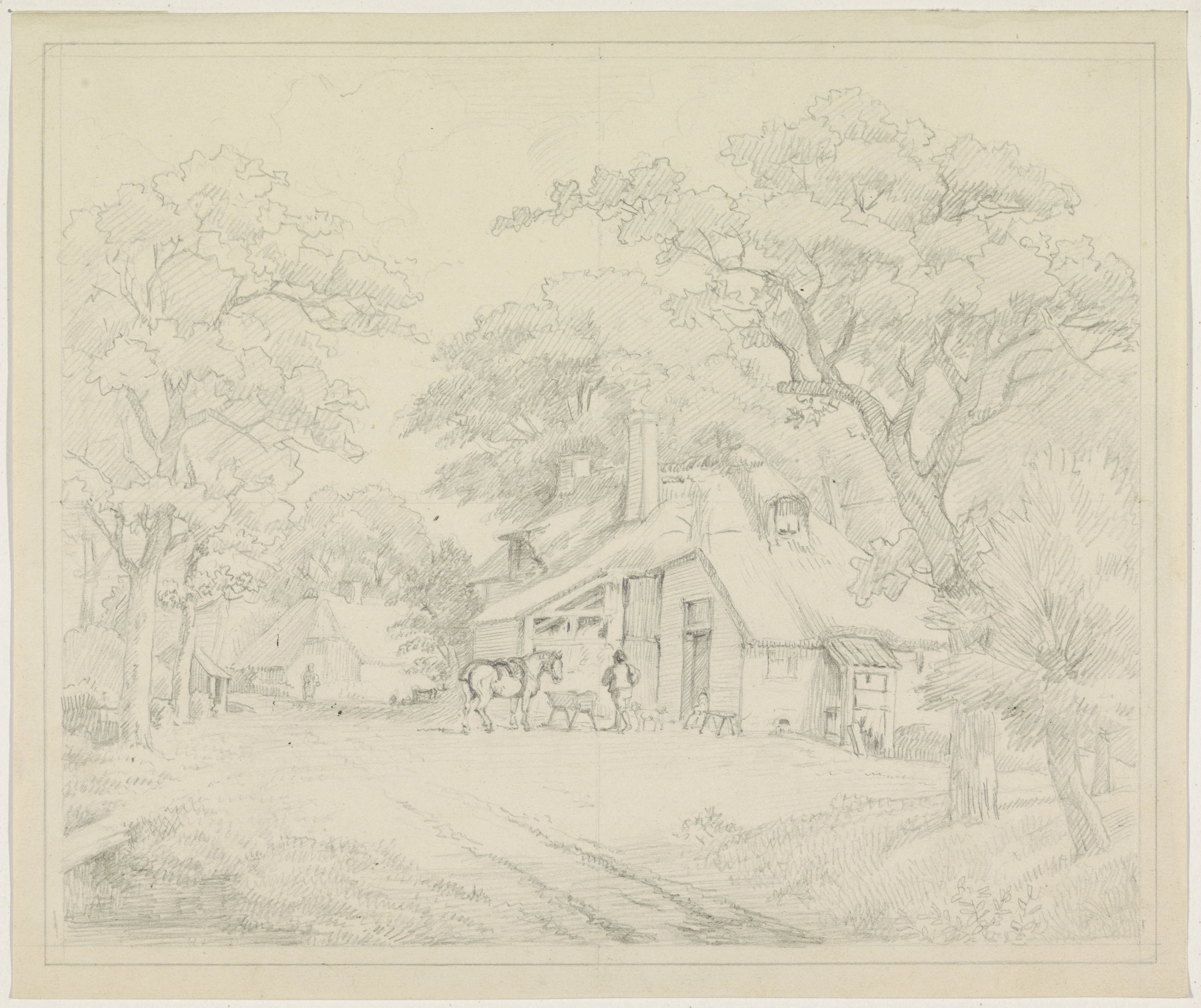 Paard voor huis tussen bomen