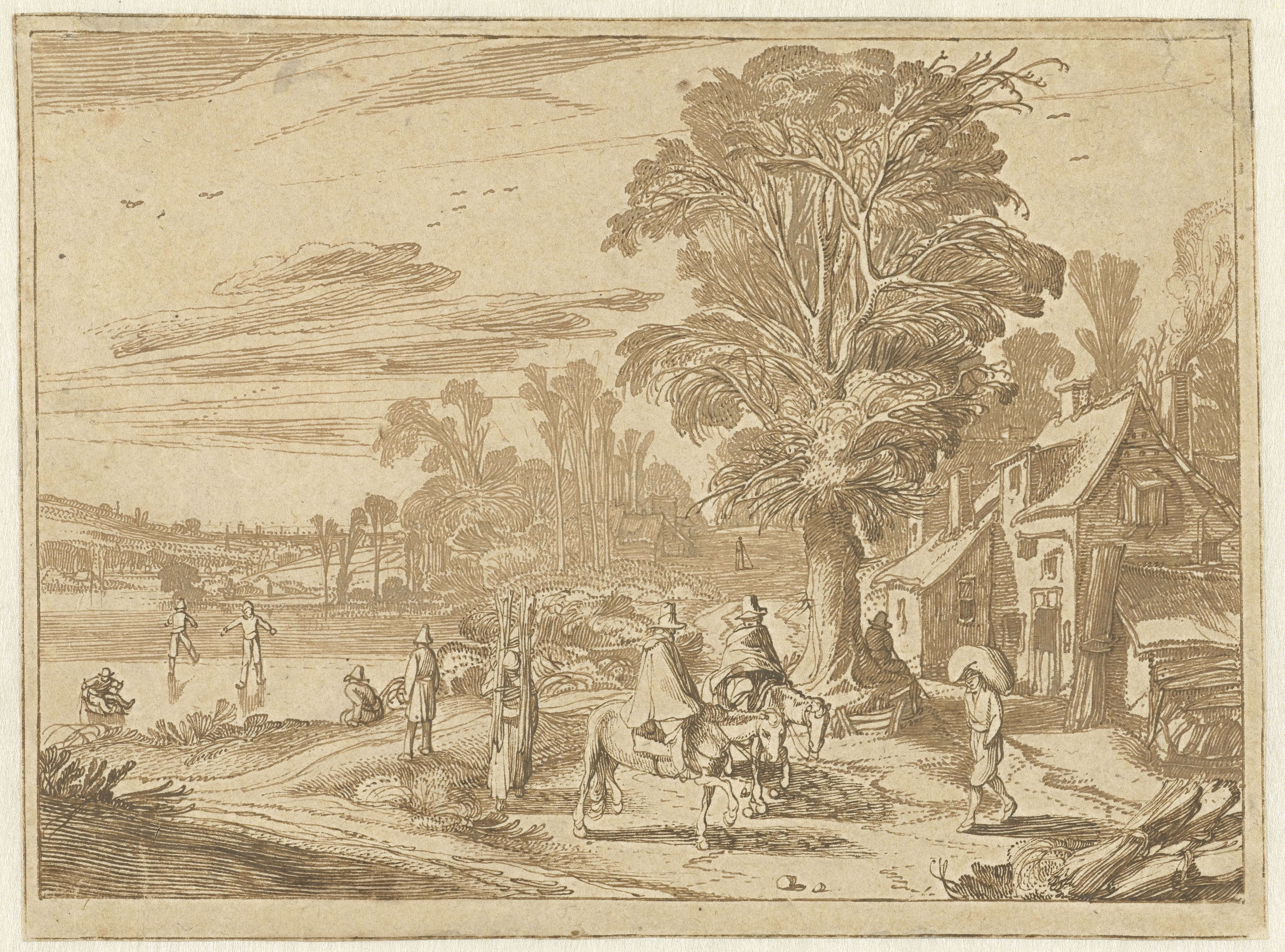 Herberg met grote boom en figuren bij het ijs