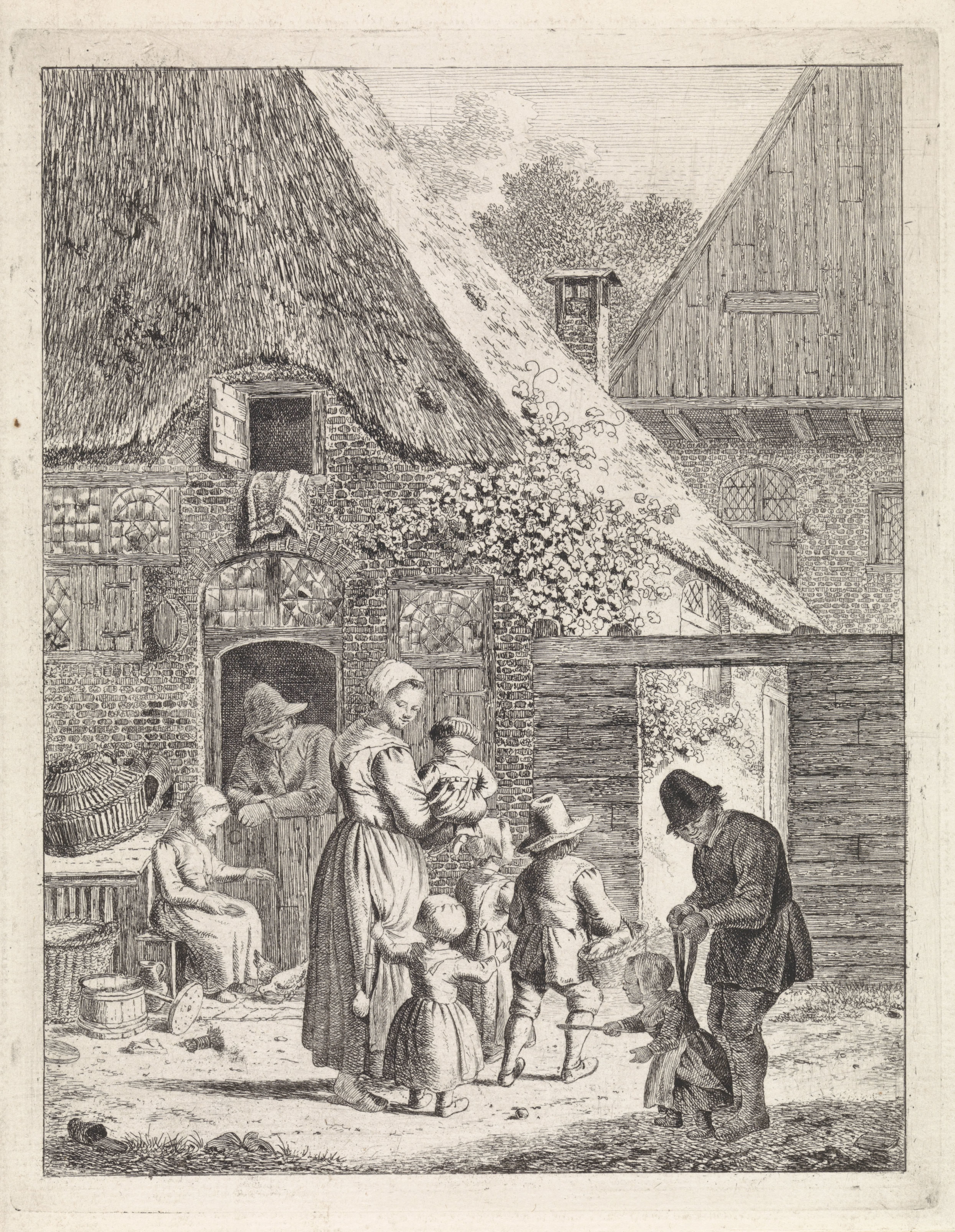 Boeren en kinderen bij boerderij