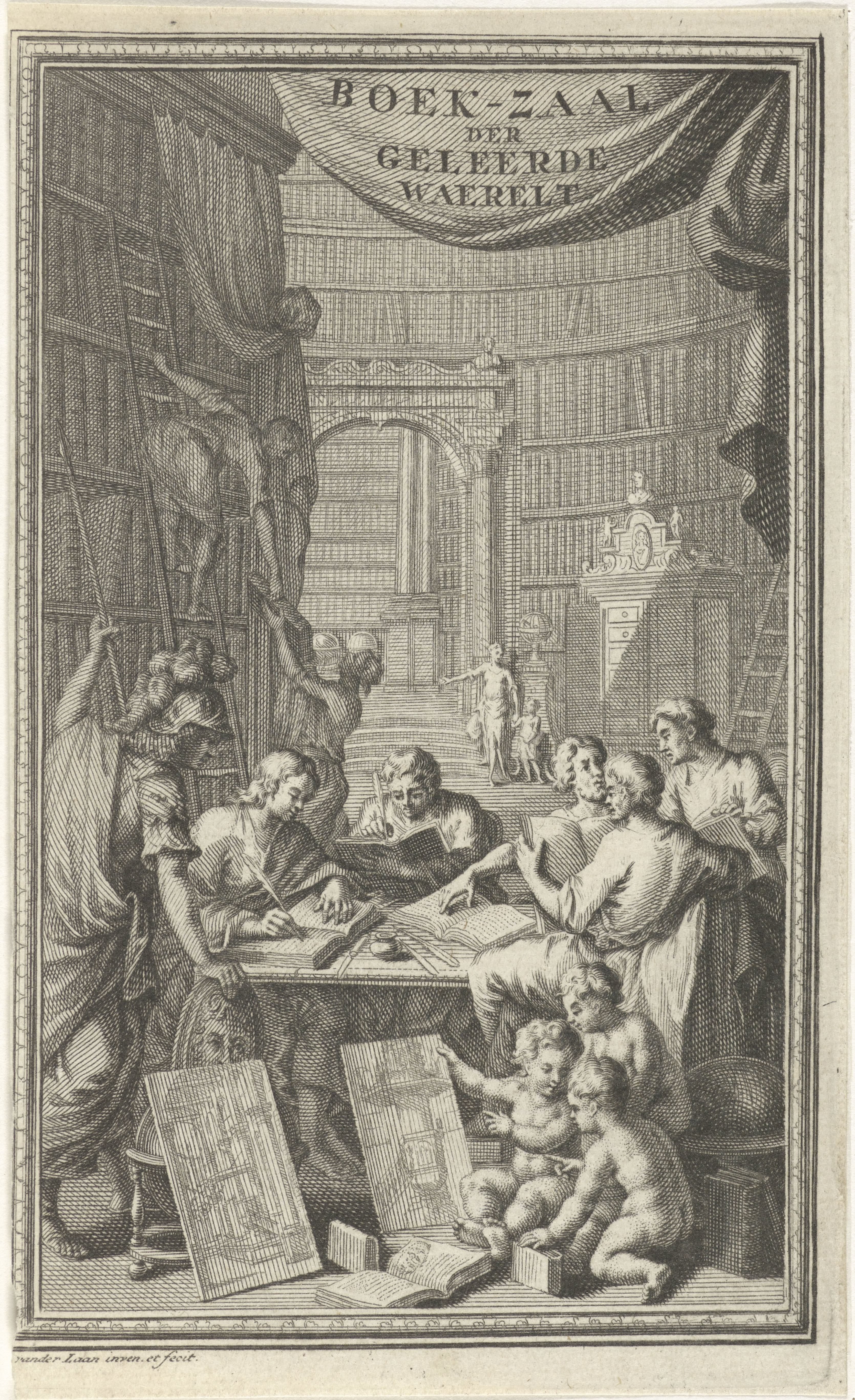 Geleerden in een bibliotheek