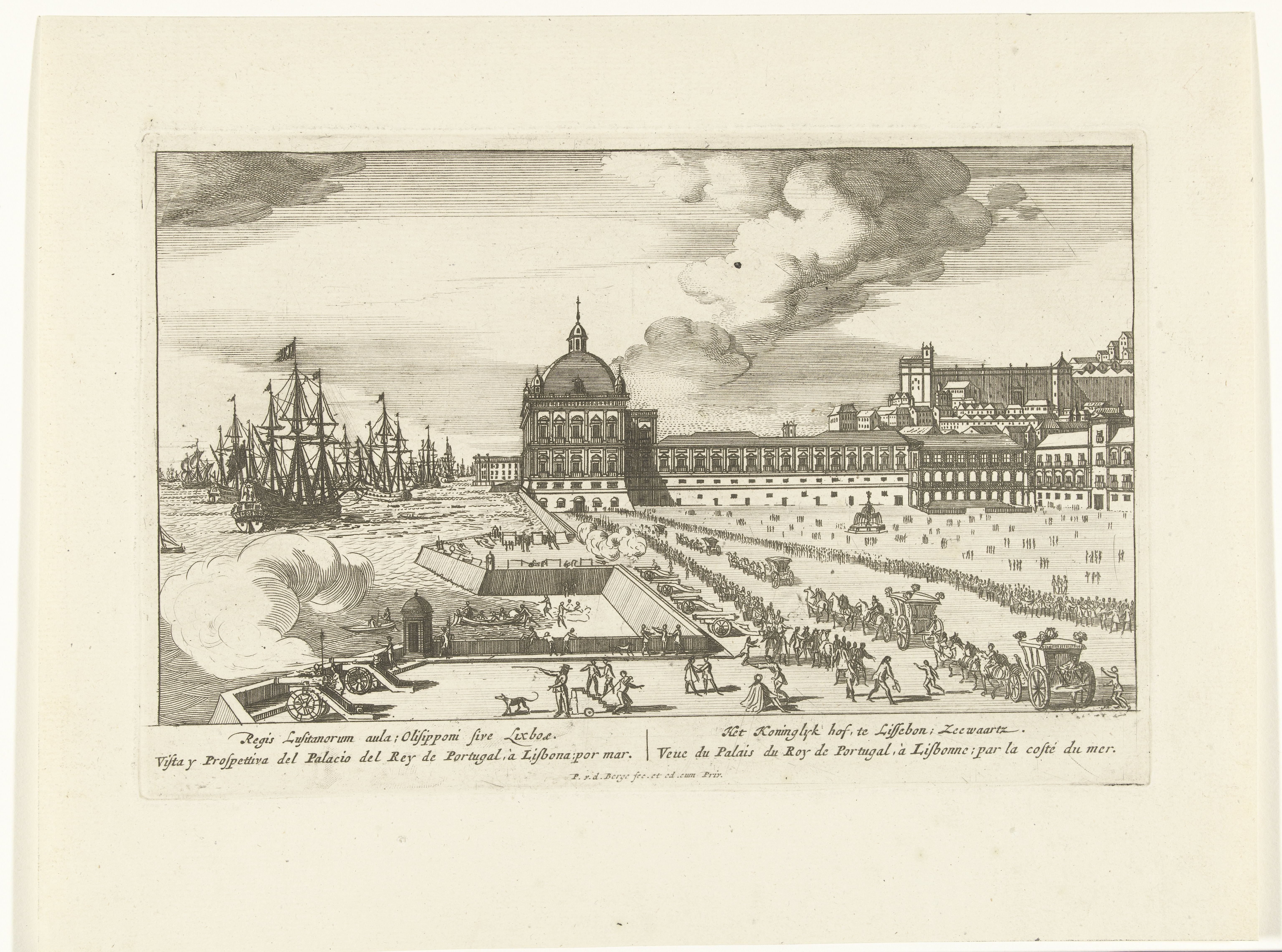 Gezicht op het Koninklijk Paleis te Lissabon en het voorplein met mensen