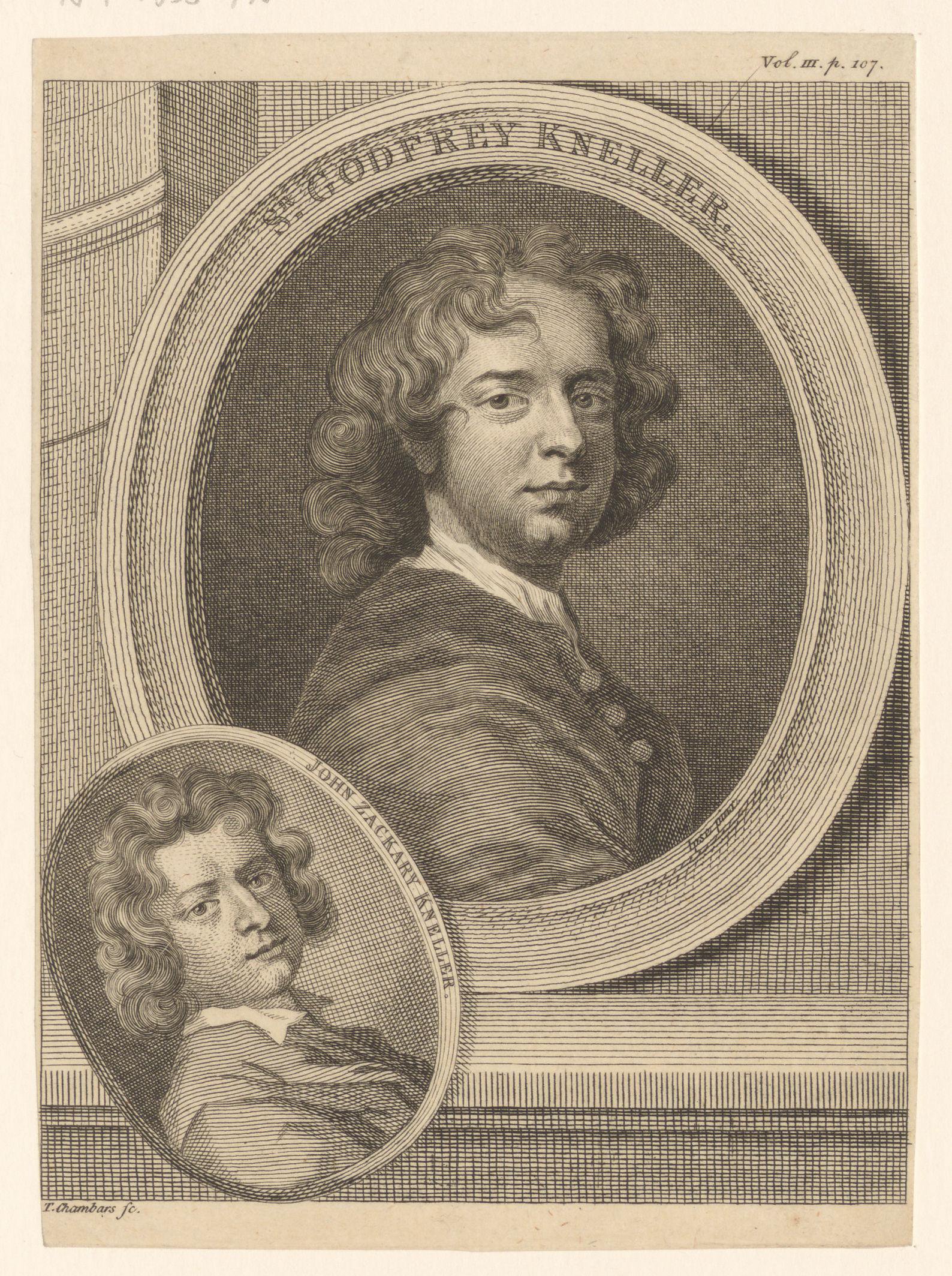 Portret van Godfried Kneller en Johann Zacharias Kneller in een medaillon