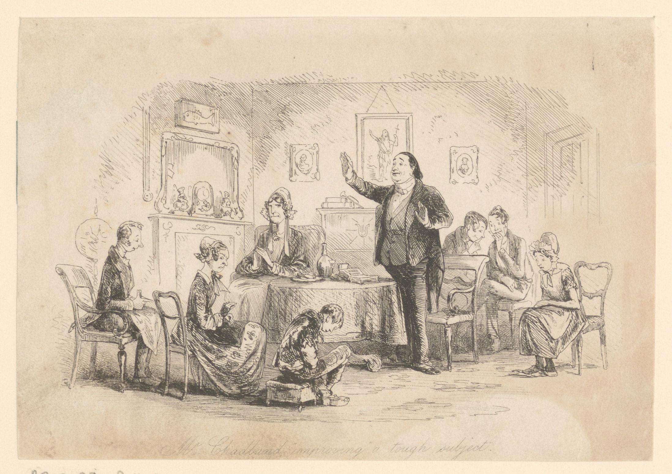 Meneer Chadband predikt in een zitkamer met zeven personen