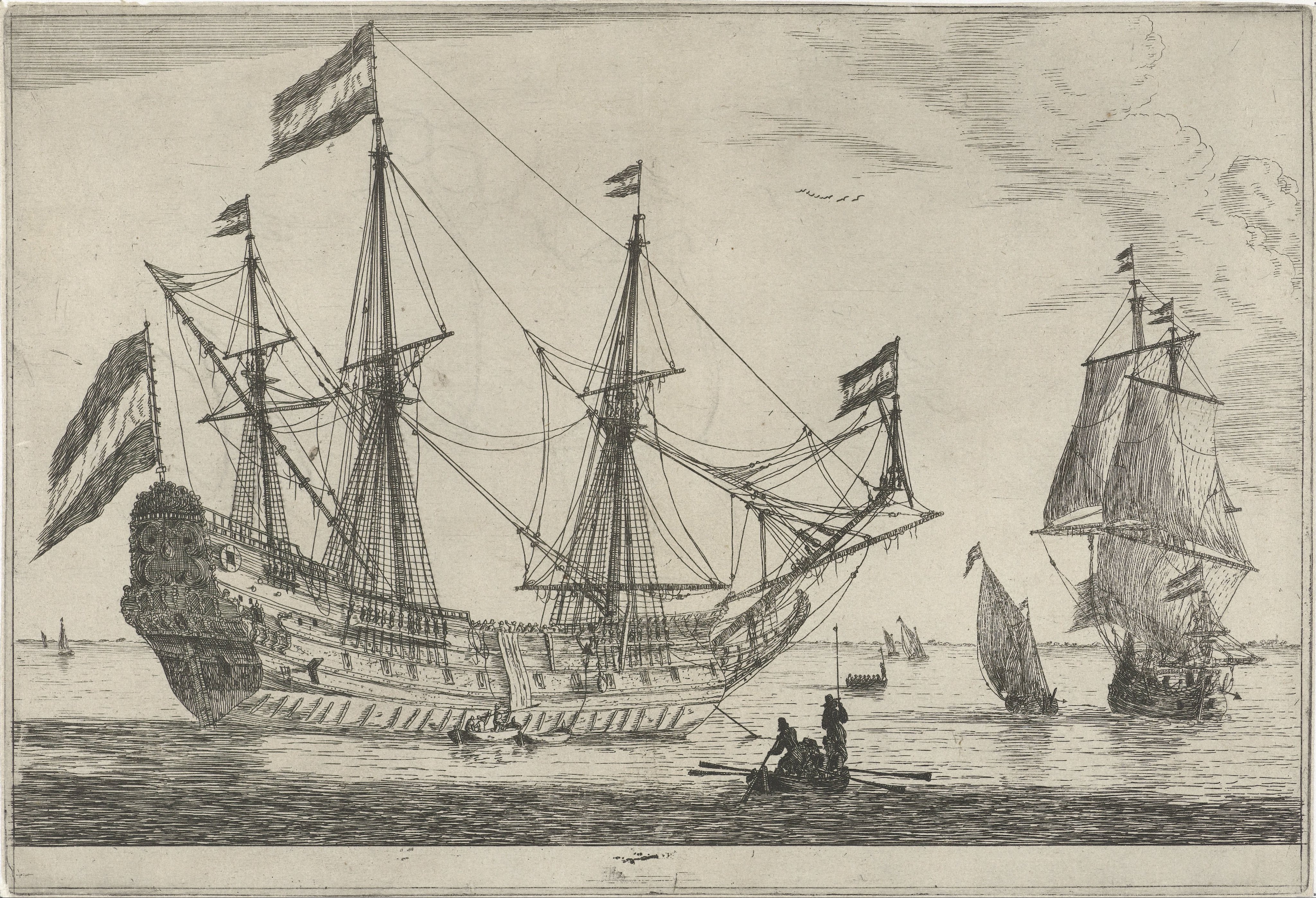 Groot zeilschip en een roeiboot