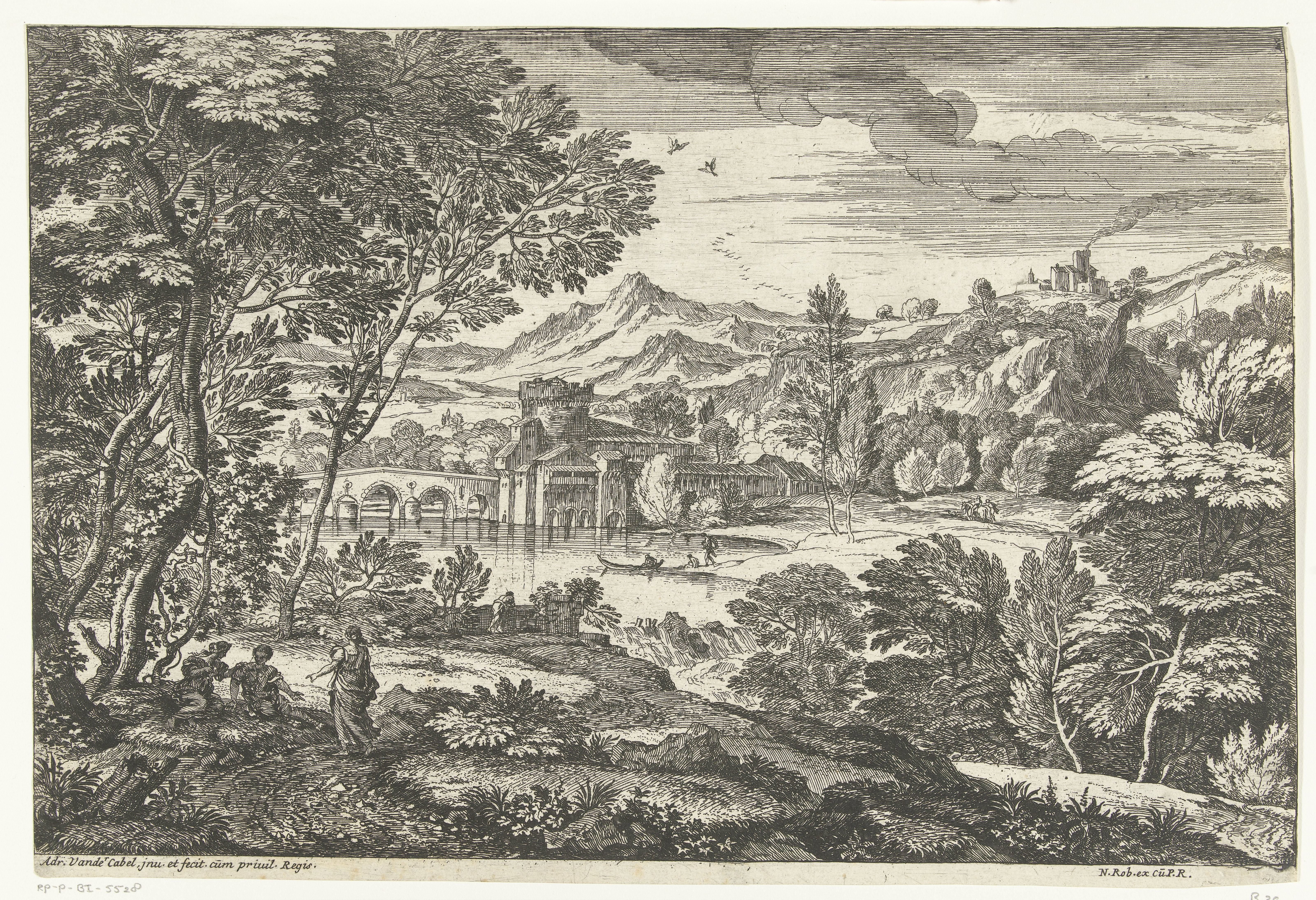 Landschap met drie personen onder een boom