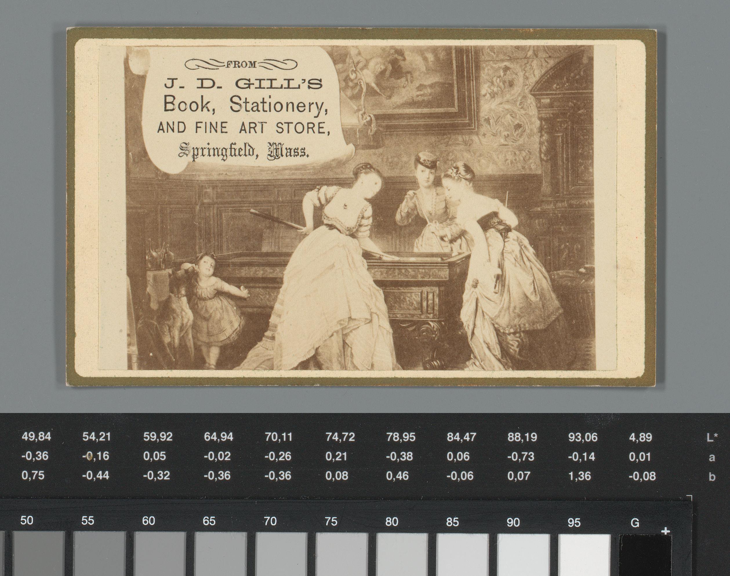 Reclame voor de winkel van J.D. Gill in Springfield, Massachusetts, met een fotoreproductie van een prent van vrouwen die biljart spelen