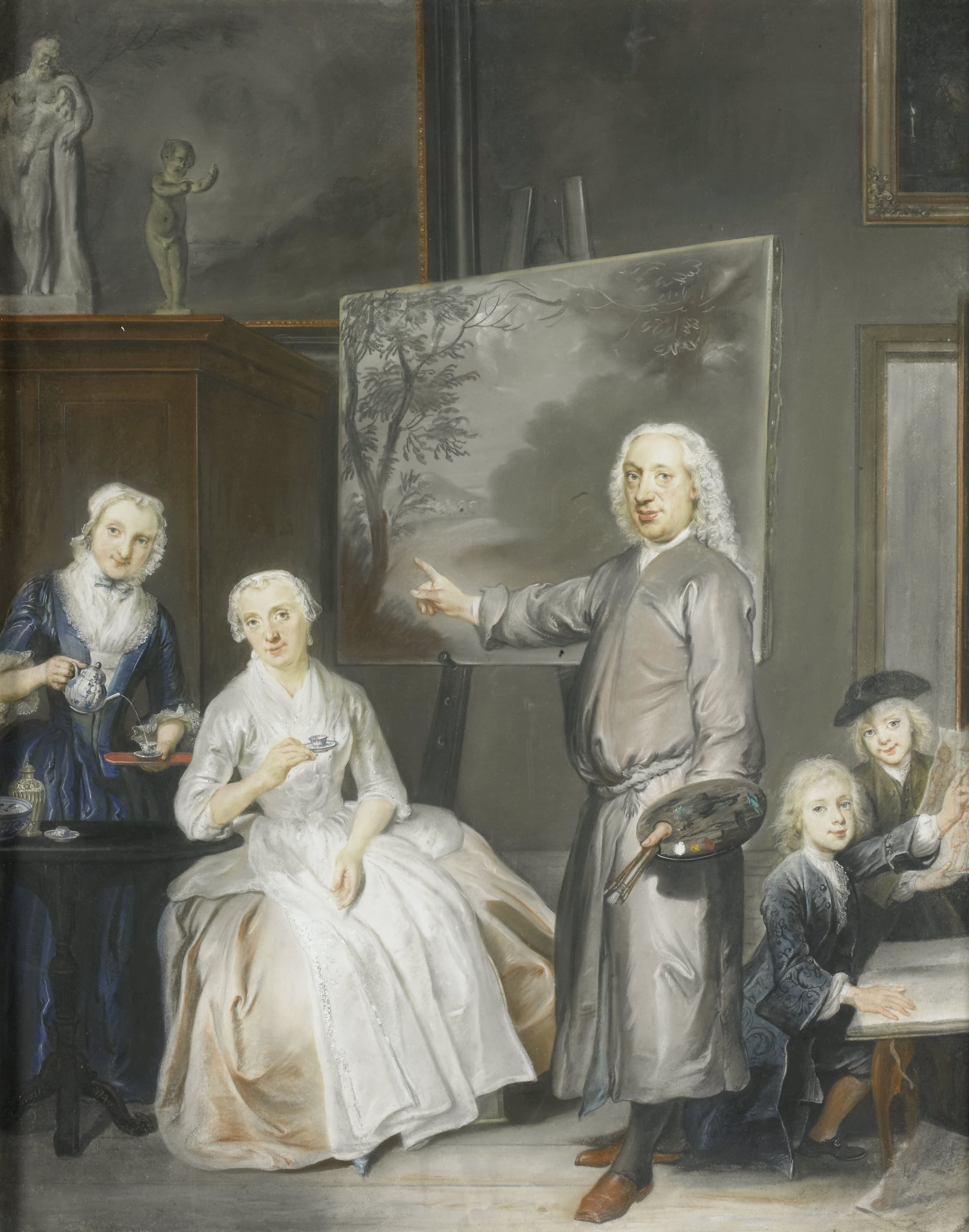 De landschapschilder Dirk Dalens III (1688-1753) met zijn tweede echtgenote Maria Schaack (gest. 1766) en de kinderen Anna (geb 1725), Willem (1737-60) en Jacobus (1741-63)