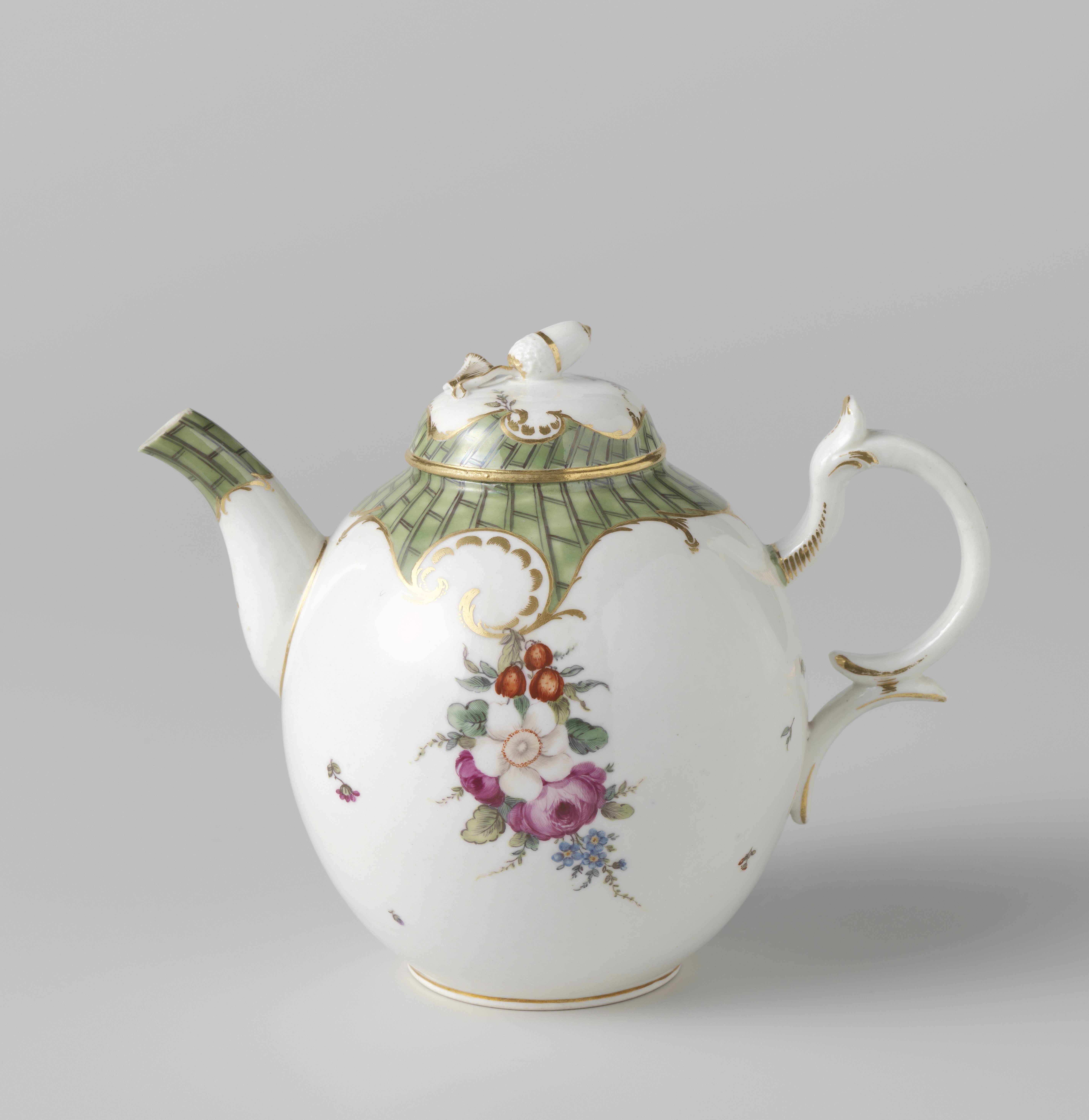Theepot met deksel, beschilderd met bloemen en laddermotief