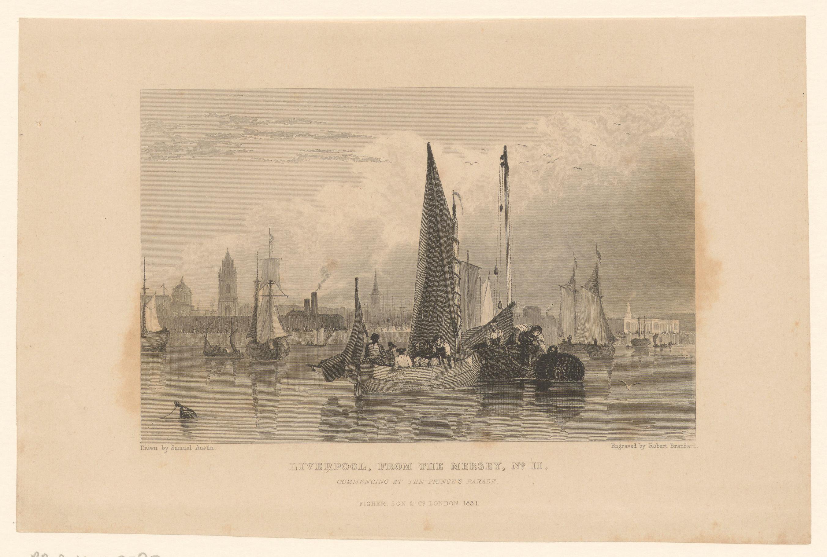Gezicht op Liverpool vanaf de Mersey richting de Princes Parade