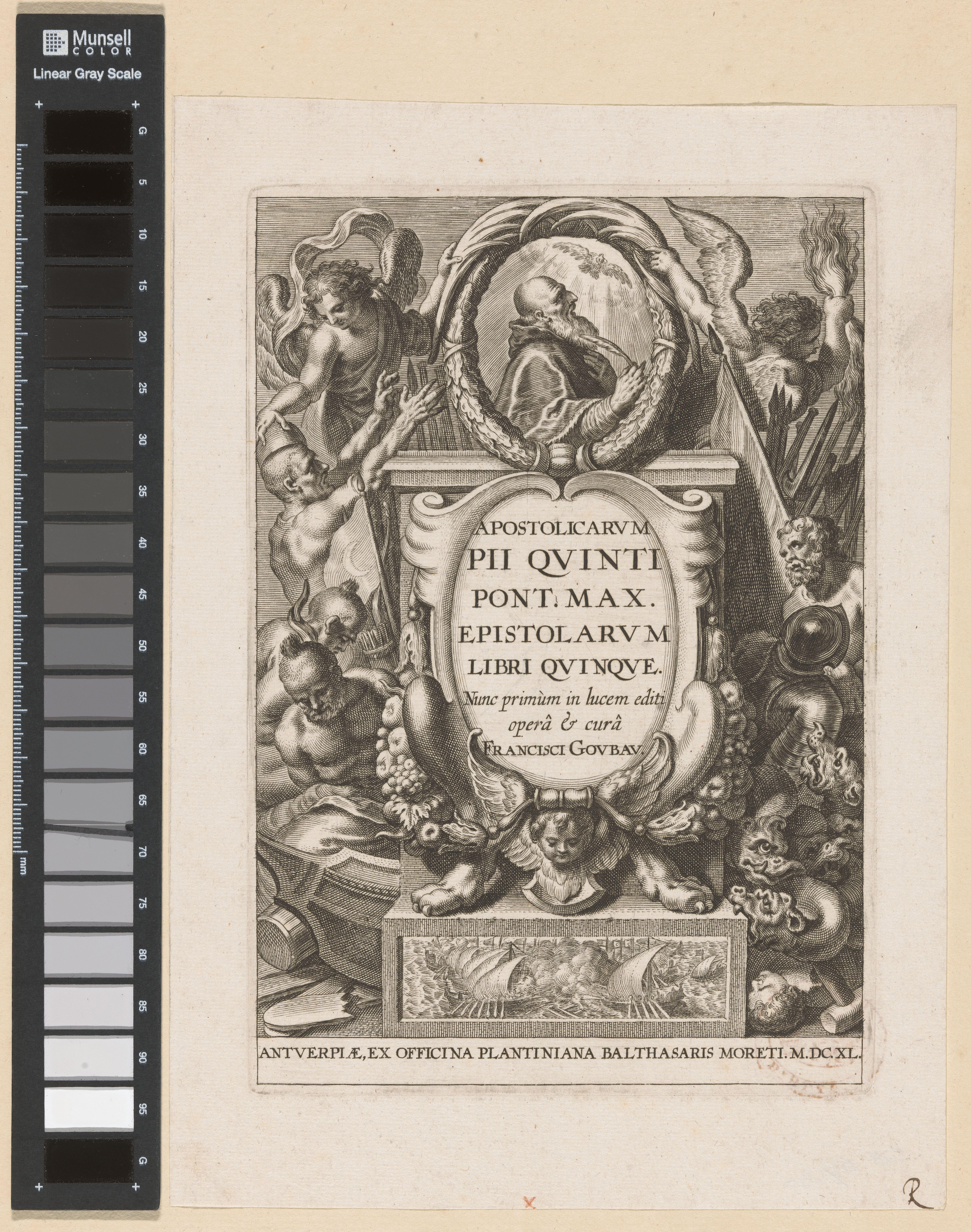 Allegorische titelpagina met portret van paus Pius V
