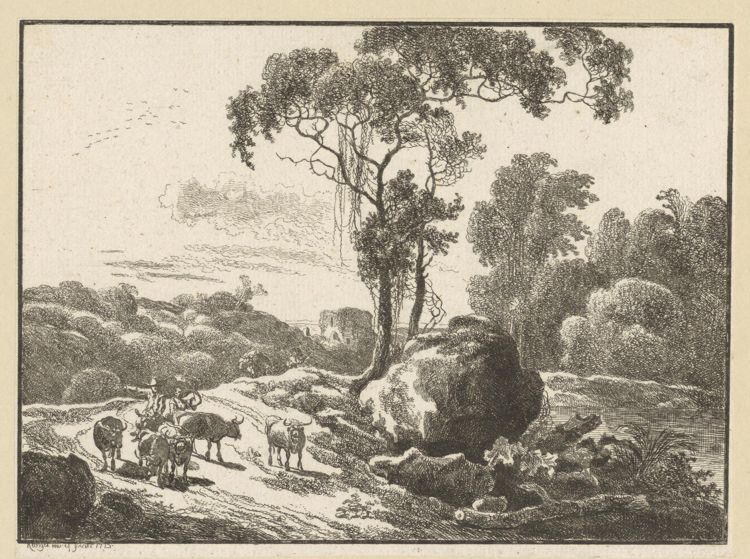 Landschap met ruïne met herders en runderen bij een boom met klimplanten en een kei